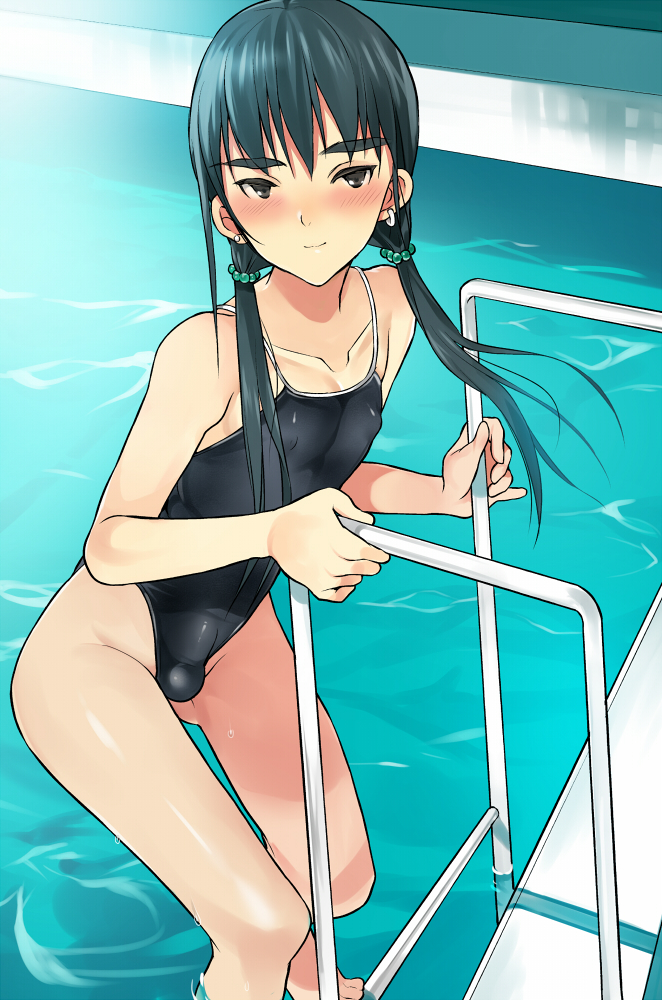 1boy, androgynous, blue hair, blush, brown eyes, bulge, climbing, coin rand, competition school swimsuit, crossdressing, earrings, erect nipples, erection, erection under clothes, femboy, getting out of pool, highleg, highleg swimsuit, hips, jewelry, low twintails, male, male only, nipples, one-piece swimsuit, original, pool, pool ladder, poolside, school swimsuit, solo, swimsuit, thighs, trap, twintails, water