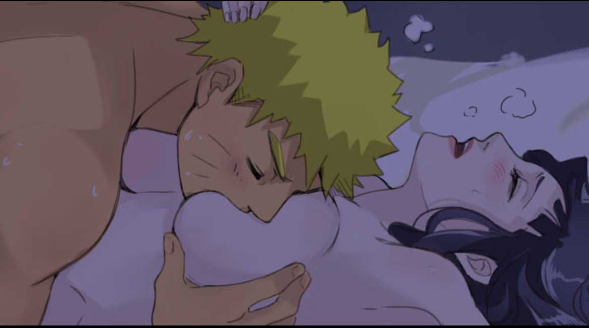 1boy, 1girls, artist request, bed, breasts, closed eyes, couple, female, grabbing breasts, hyuuga hinata, male, naruto, naruto (series), naruto: the last, passionate, preparation, sucking breasts, uzumaki naruto