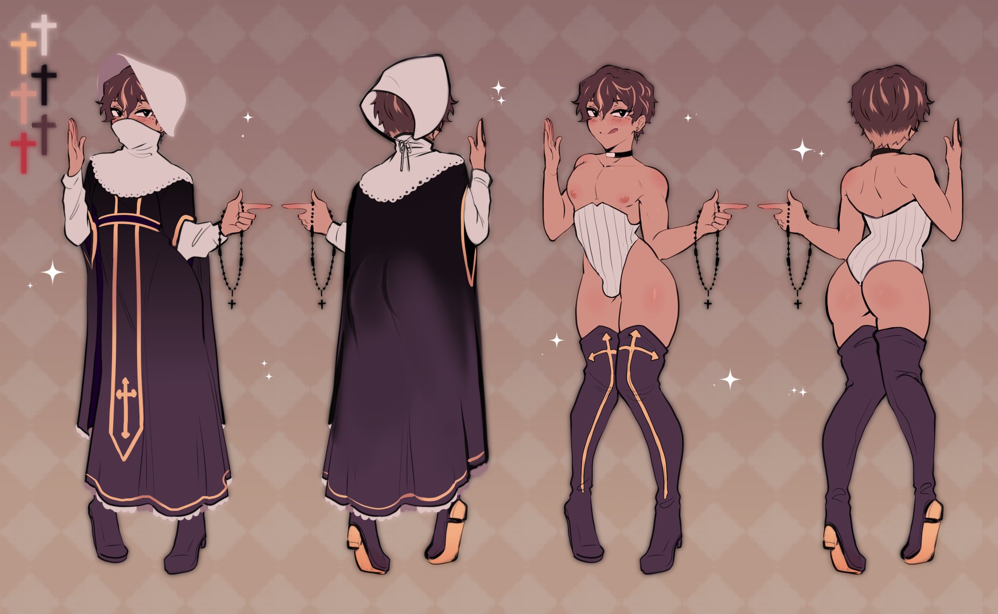 brown skin, bulge, femboy, gay, gay male, male, male nun, nun, nun outfit, original character, reference image, reference sheet, skaroy, smug face, thighs, yaoi