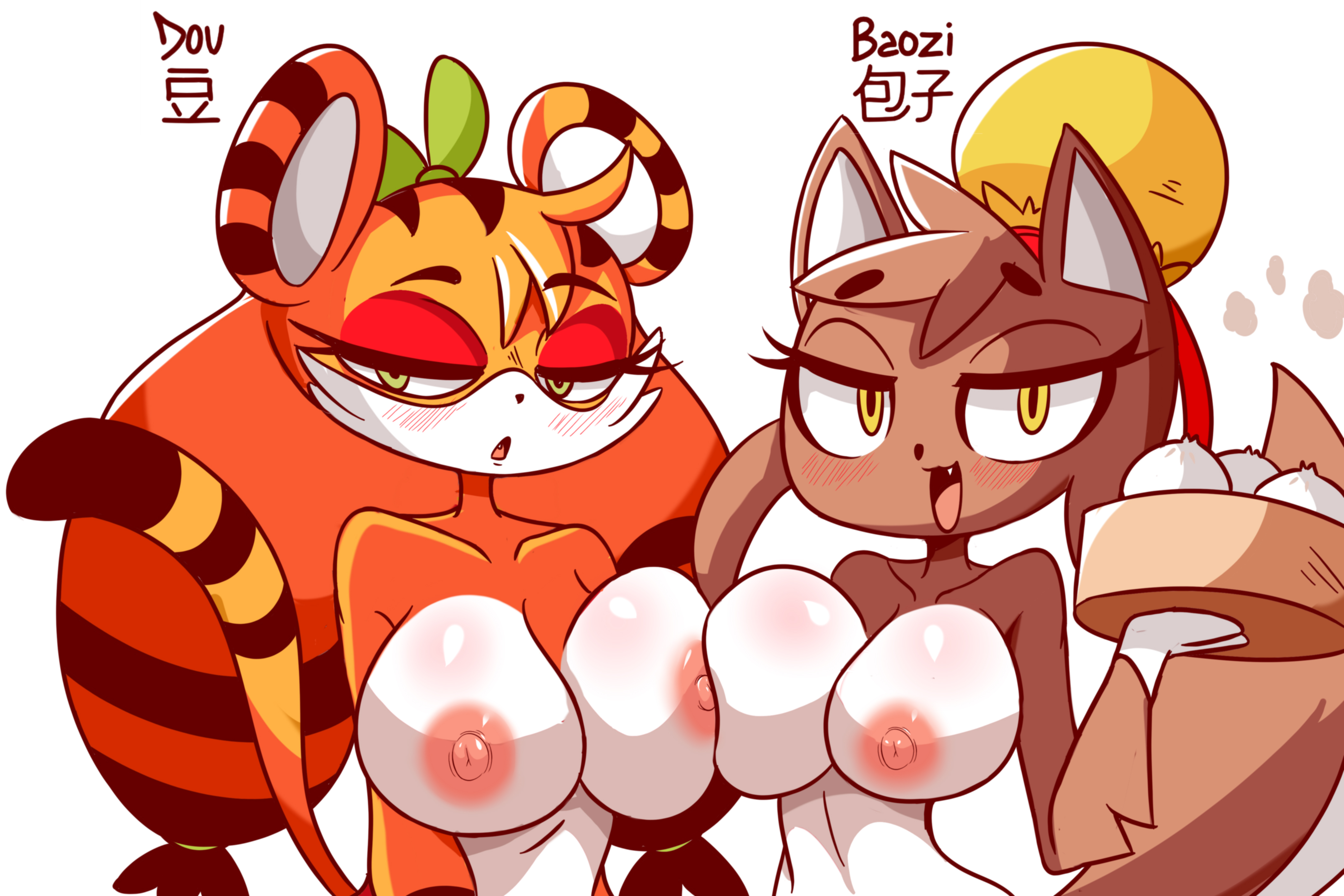 :3, 2019, anthro, baozi (diives), biped, breast squish, breasts, brown fur, bun cover, canid, dou (diives), duo, felid, female, fur, hip tuft, light fur, lucyfercomic, mammal, multicolored fur, nipples, nude, orange fur, original, original character, original characters, pale fur, pantherine, simple background, squish, stripes, tiger, two-tone fur, white background, white fur, xingzuo temple, yellow eyes