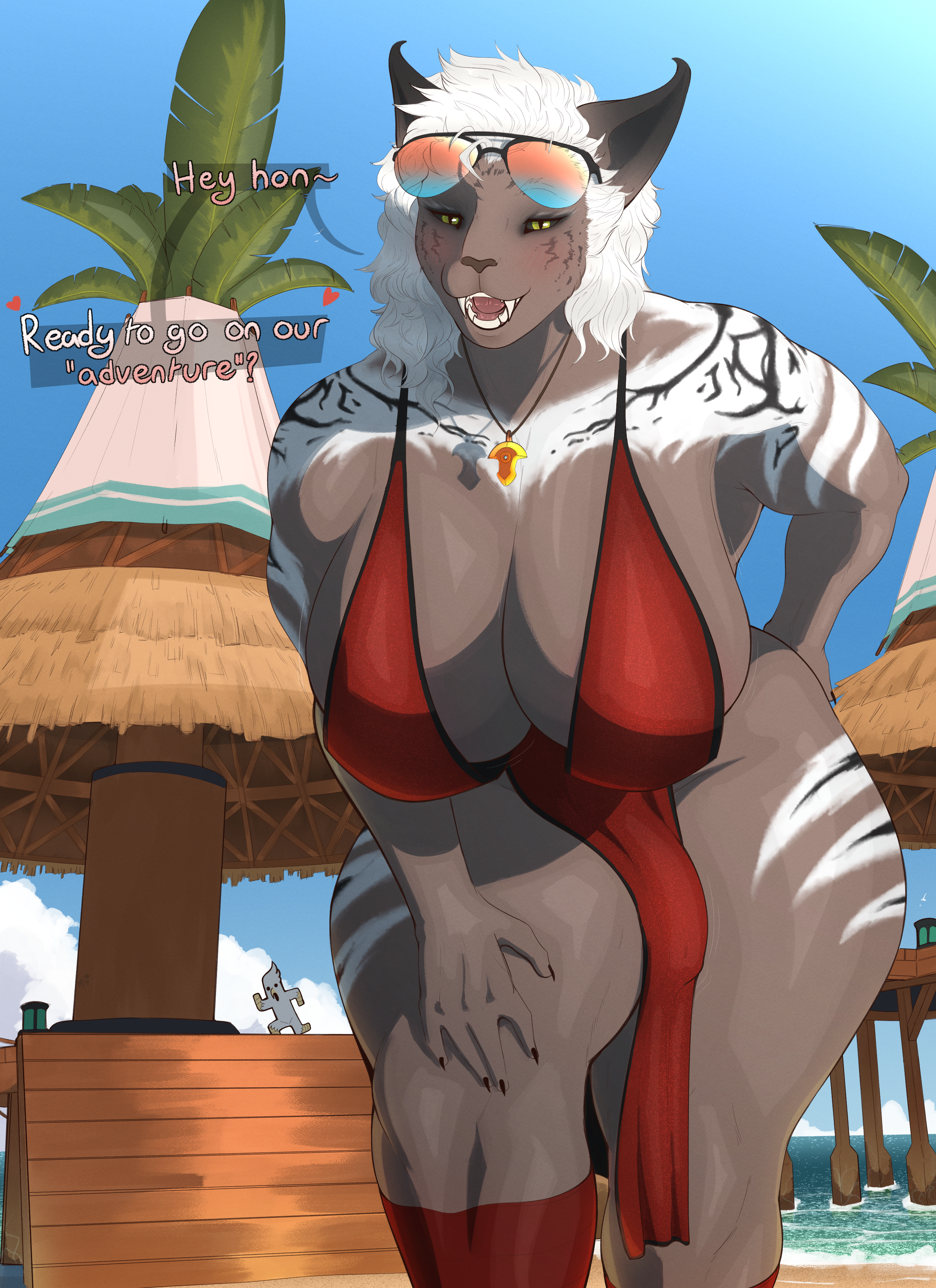 <3, 1futa, absurd res, anthro, beach, big breasts, big thighs, black sclera, blush, breasts, bulge, cactuar, clothing, detailed background, dialogue, dress, english text, fangs, felid, final fantasy, final fantasy xiv, futanari, hair, hrothgar, intersex, looking at viewer, mammal, muscular, muscular anthro, necklace, open mouth, seaside, securipun, shou (securipun), slit pupils, smile, smiling, smiling at viewer, solo, speech bubble, square enix, sunglasses on head, talking to viewer, text, thick thighs, voluptuous, white hair, yellow eyes