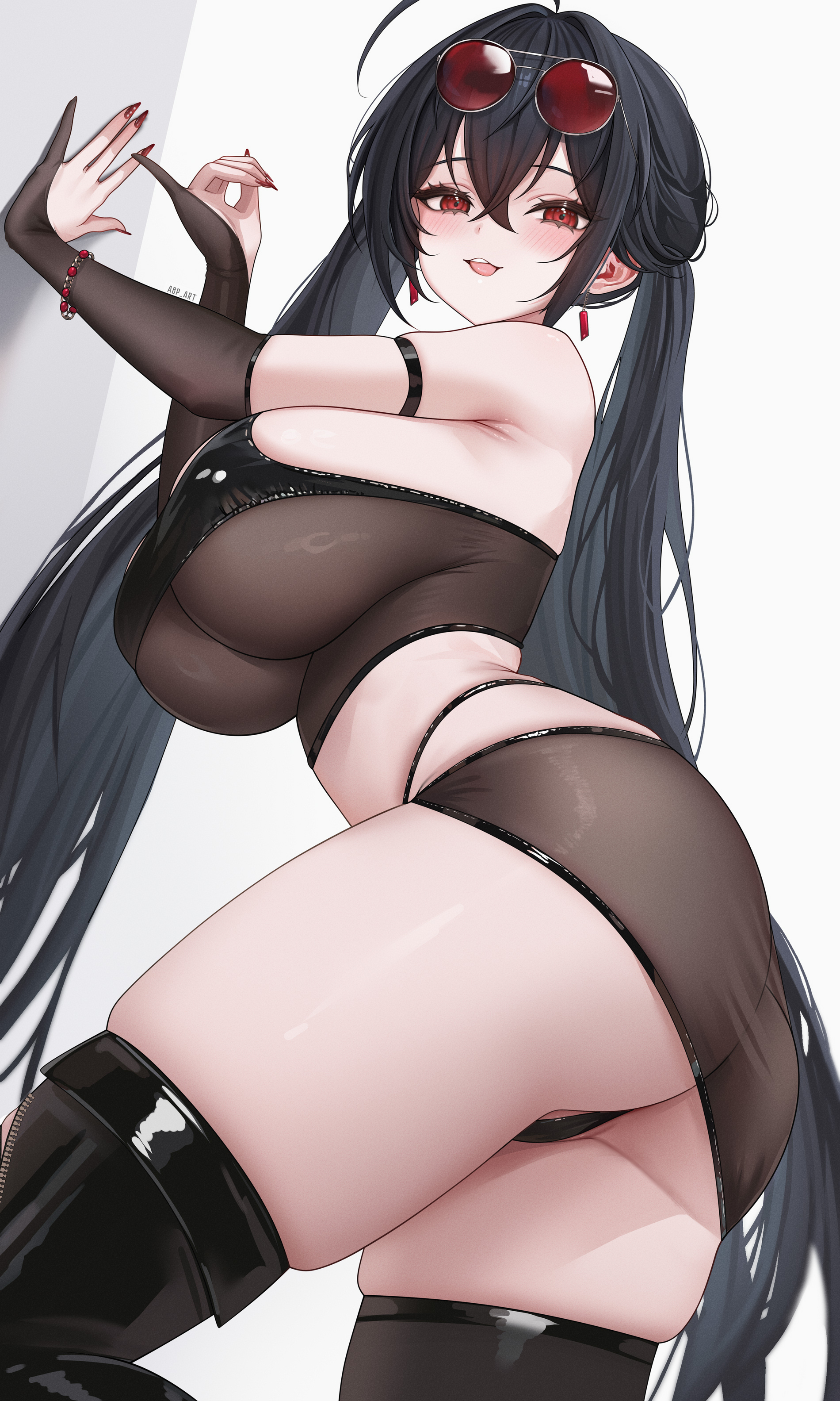 1girls, abpart, absurdres, alternate costume, arm strap, artist name, ass, azur lane, bare shoulders, black hair, black panties, black skirt, black thighhighs, blush, bracelet, breasts, crossed bangs, eyewear on head, female, fingernails, highres, jewelry, large breasts, long hair, looking at viewer, looking to the side, open mouth, paid reward available, panties, red eyes, red nails, red-tinted eyewear, see-through clothes, see-through skirt, sharp fingernails, skindentation, skirt, smile, solo, sunglasses, taihou (azur lane), thighhighs, thighs, tinted eyewear, twintails, underwear