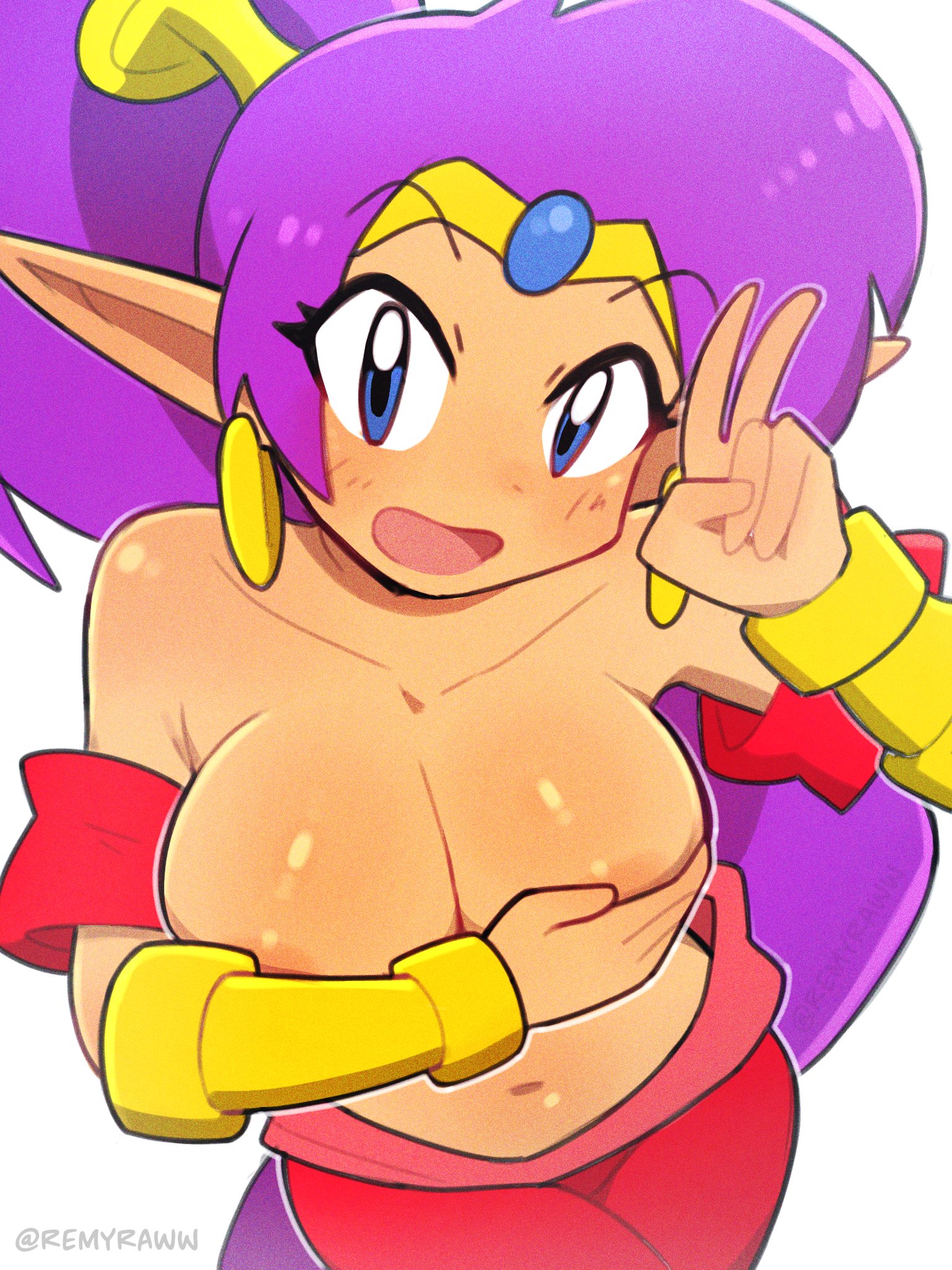 1girls, alternate version available, areola slip, areolae, arm covers breast, armwear, big breasts, blue eyes, blush, bottomwear, breast focus, breasts, bushii (bo0xhy), covering breasts, ear piercing, earrings, female, female only, hair, peace sign, pointy ears, ponytail, purple hair, red pants, remyraww, shantae, shantae (character), shantae advance: risky revolution, smile, solo, solo female, tied hair, topless