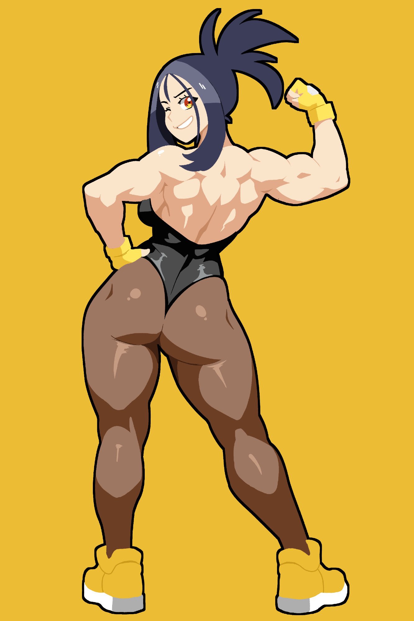 1girls, aussy, back muscles, back view, black hair, dendra (pokemon), female, flexing bicep, game freak, hand on hip, high ponytail, leggings, muscular, muscular female, nintendo, pantyhose, pokemon, pokemon sv, solo, thick thighs, winking at viewer, yellow background