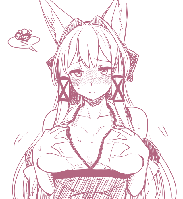 3: animal_ears bangs blush bow breasts closed_mouth collarbone commentary_request eyebrows_visible_through_hair female fox_ears fox_girl hair_intakes hair_ribbon hairbow hands_on_own_chest japanese_clothes kimono large_breasts long_hair looking_at_viewer original revision ribbon ryuusei_(ryuuseiseikou) simple_background sketch sleeveless sleeveless_kimono solo spoken_squiggle squiggle tamamo_(ryuusei) tamamo_(yagi) upper_body yagi_(ningen)