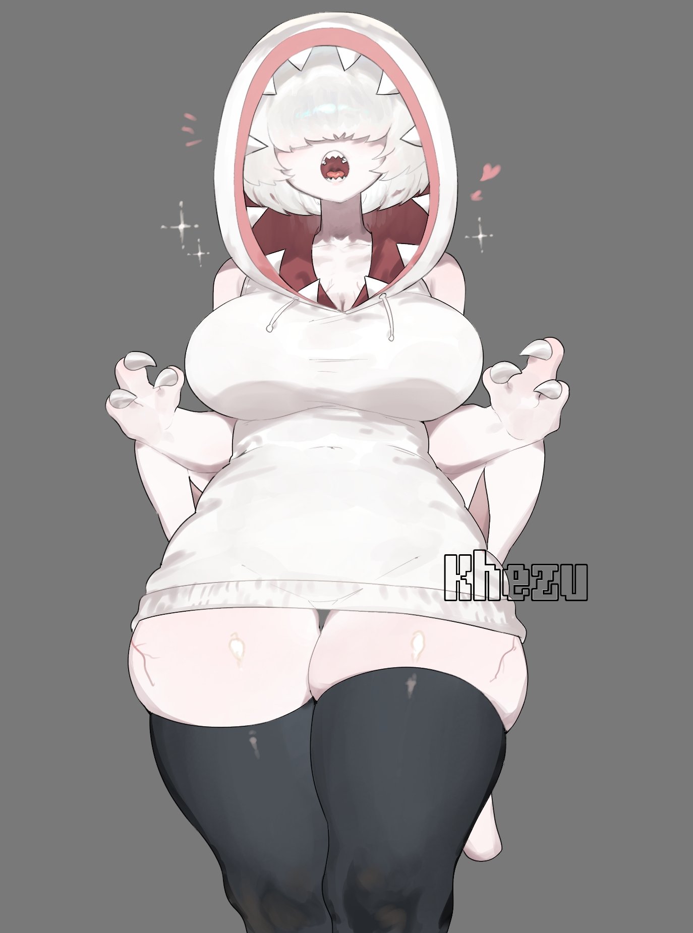 1girls, 3 fingers, black thighhighs, capcom, claws, female, female only, grey background, hair between eyes, heart, hi res, hoodie, humanoid, khezu, monster girl, monster hunter, open mouth, sharp teeth, sleeveless hoodie, solo, thick thighs, thigh squish, thighhighs, toge77789, togetoge, white body, white hair, wide hips
