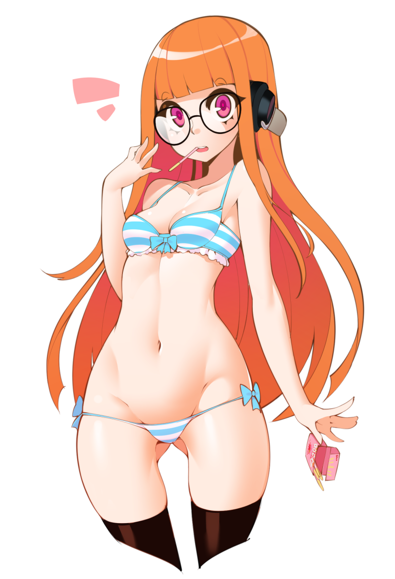 1girls blue_striped_bra blue_striped_panties bra female female_only halphelt long_hair orange_hair panties persona persona_5 pink_eyes sakura_futaba small_breasts solo striped_bra striped_panties underwear