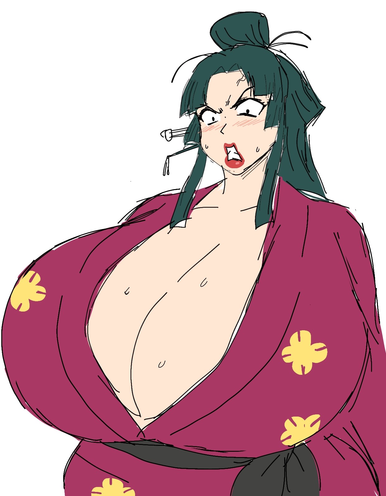 1girls, 2d, 2d (artwork), alternate body type, alternate breast size, angry, angry expression, angry face, big breasts, blush, breasts, breasts bigger than head, busty, busty female, chichi (manyuu hikenchou), curvy, curvy body, curvy female, curvy figure, dark green hair, digital drawing (artwork), digital media (artwork), female, female focus, female only, huge breasts, japanese, japanese clothes, japanese clothing, japanese female, large breasts, long hair, manyuu hikenchou, mature, mature woman, momiji (artist), red lips, red robe, robe, simple background, solo, solo female, solo focus, upper body, white background