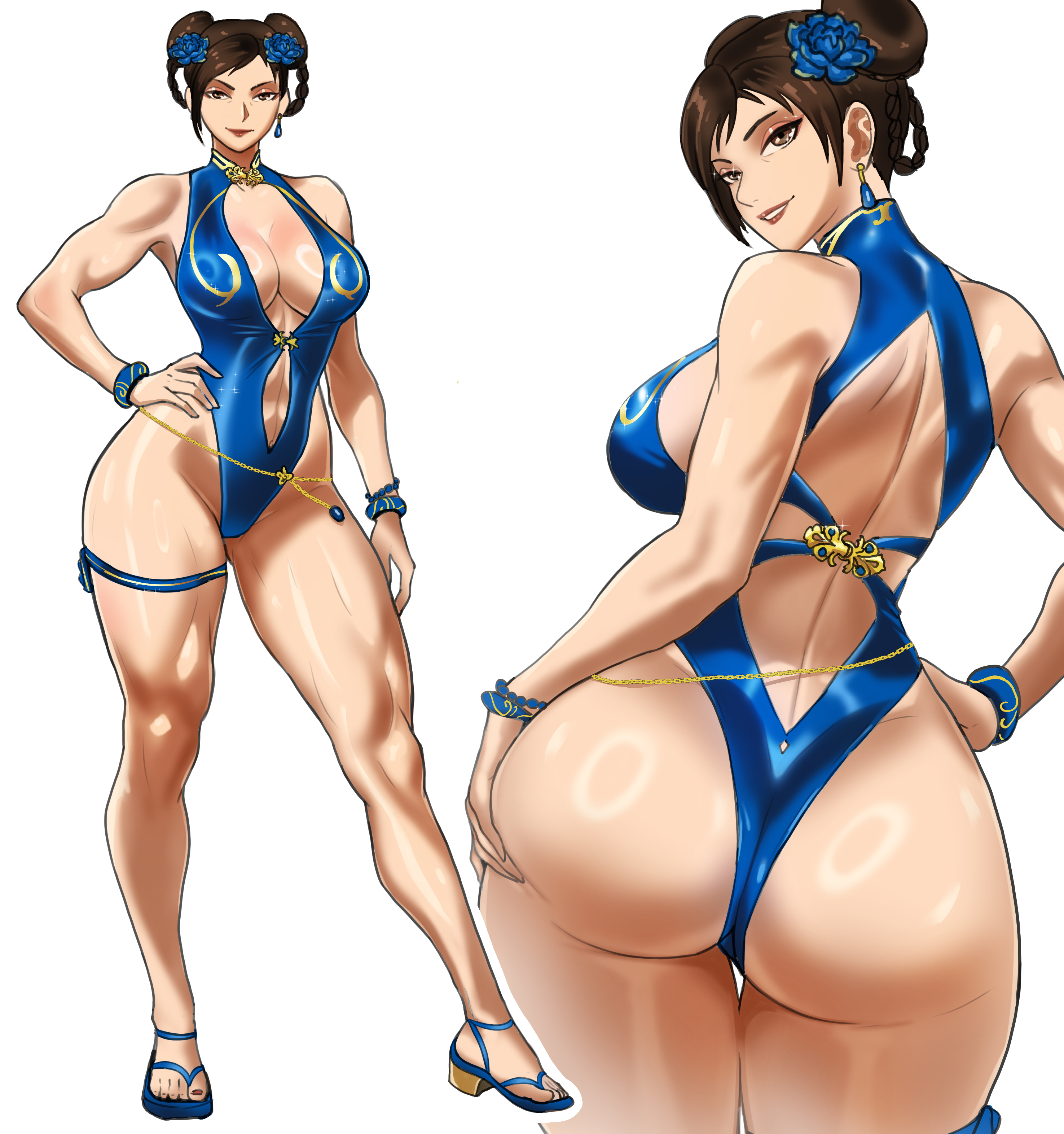 1girls, abs, absurdres, alternate costume, ass, back, back cutout, bead bracelet, beads, blue flower, blue one-piece swimsuit, blue sandals, bracelet, braid, braided hair rings, breasts, brown eyes, brown hair, capcom, chains, chun-li, cleavage, clothing cutout, contrapposto, curvy, double bun, earrings, fat ass, fat breasts, feet, female, female only, flat belly, flower, full body, gold chain, grabbing own ass, hair bun, hair flower, hair ornament, hair rings, hand on own ass, hand on own hip, highleg, highleg one-piece swimsuit, highres, huge ass, jewelry, large breasts, legs, lips, looking at viewer, median furrow, multiple views, official alternate costume, official alternate hairstyle, one-piece swimsuit, parted lips, sandals, shiny skin, short hair, simple background, single earring, smile, street fighter, street fighter 6, swept bangs, swimsuit, teardrop earrings, thick thighs, thigh gap, thigh strap, thighs, thong one-piece swimsuit, toes, toned, toned female, turtleneck, turtleneck one-piece swimsuit, twin braids, white background, wide hips, witlessfrawn