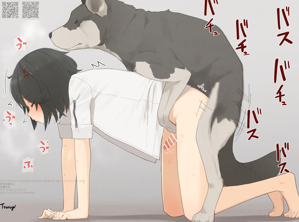 :o, 2boys, animal ears, bar censor, bestiality, black hair, canid, canine, canis, censor bar, censored, censored penis, closed eyes, clothed, clothed sex, clothing, dialogue, doggy style, domestic dog, erection, feral, feral penetrating human, feral penetrating male, gay, gay sex, human, japanese text, looking at viewer, male, male focus, mashiro meme, medium hair, medium penis, multiple boys, multiple males, nijisanji, penis, pointy ears, sex, sex from behind, small dom big sub, speech bubble, text, thought bubble, tsurugi muda, virtual youtuber, yaoi, zoophilia