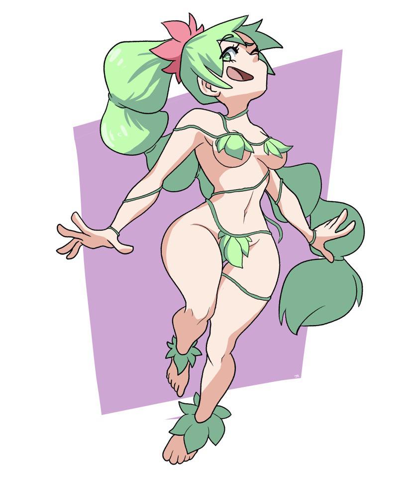 1girls, barefoot, barely clothed, barely visible genitalia, barely visible pussy, big breasts, breasts, dryad, dryad (terraria), feet, female, female focus, female only, green eyes, green hair, leaf on breast, leaves, pussy, terraria, thick thighs, thighs, vines