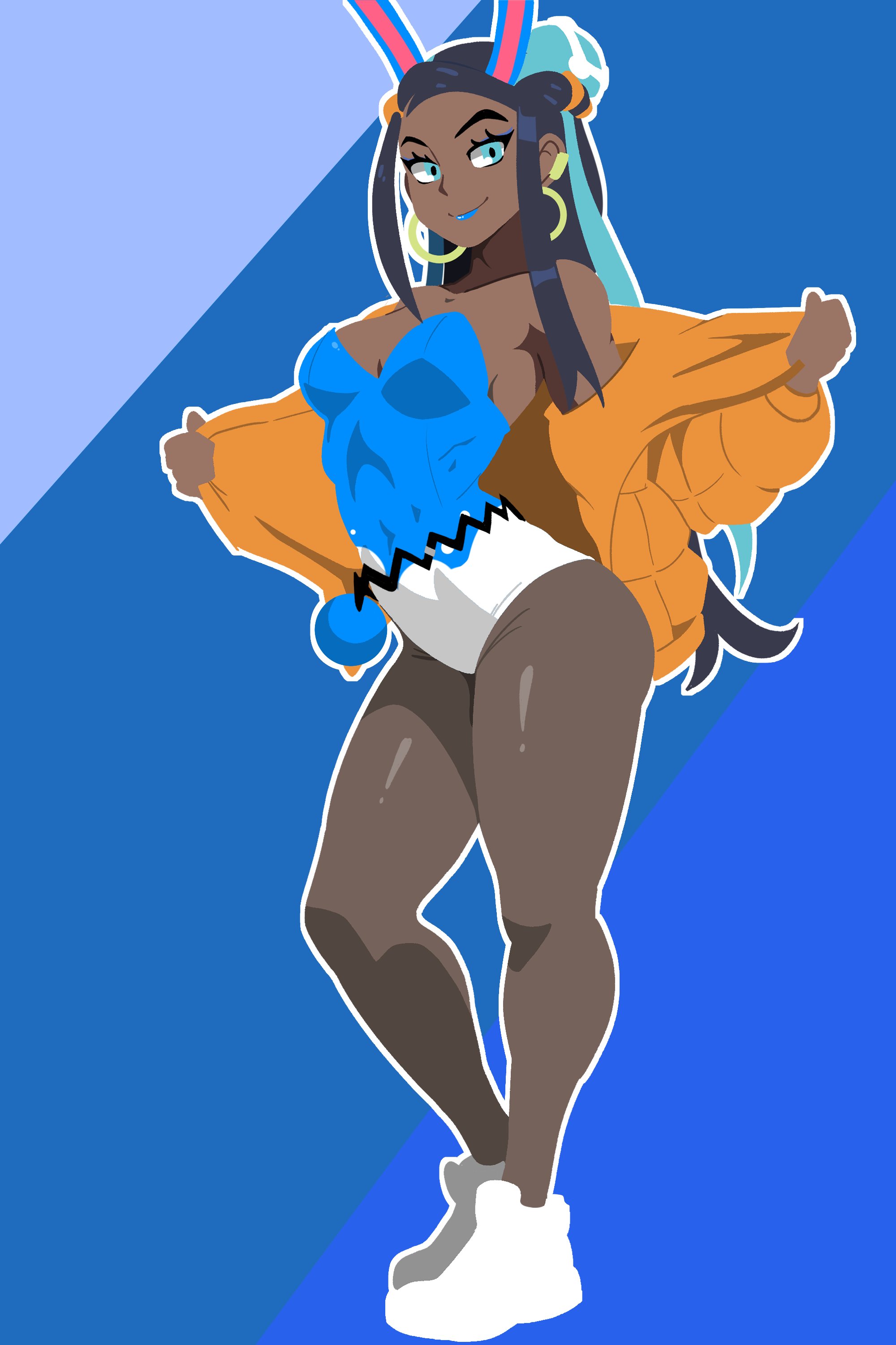 1girls, aussy, azumarill (cosplay), blue eyeliner, blue lipstick, blue makeup, bunny ears, cosplay, dark-skinned female, eyeliner, female, leotard, lipstick, makeup, nessa (pokemon), nintendo, pokemon, pokemon (cosplay), pokemon ss, thick thighs