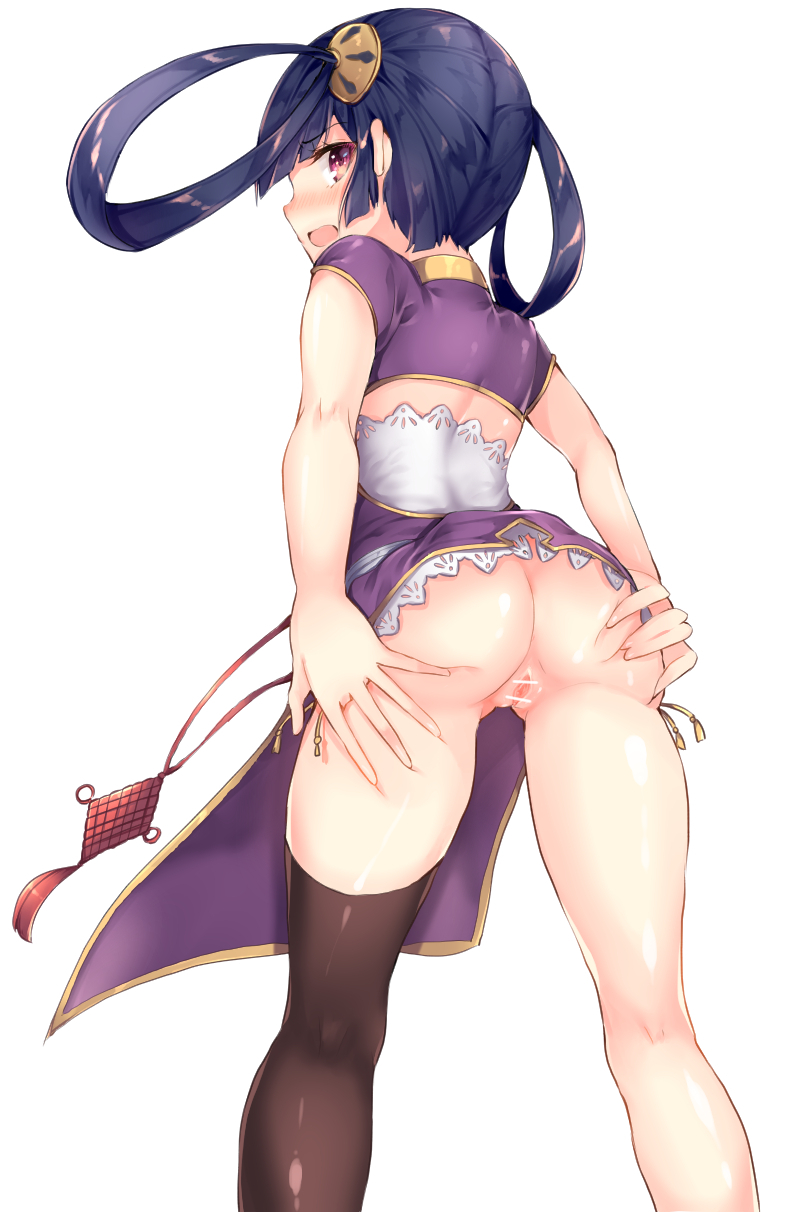 ass, ass grab, azur lane, bar censor, black hair, black legwear, blush, censored, chinese clothes, chinese dress, female, from behind, grabbing own ass, hair rings, kneepits, looking at viewer, looking back, miya sakaori, ning hai (azur lane), no panties, open mouth, pussy, simple background, single thighhigh, solo, standing, white background