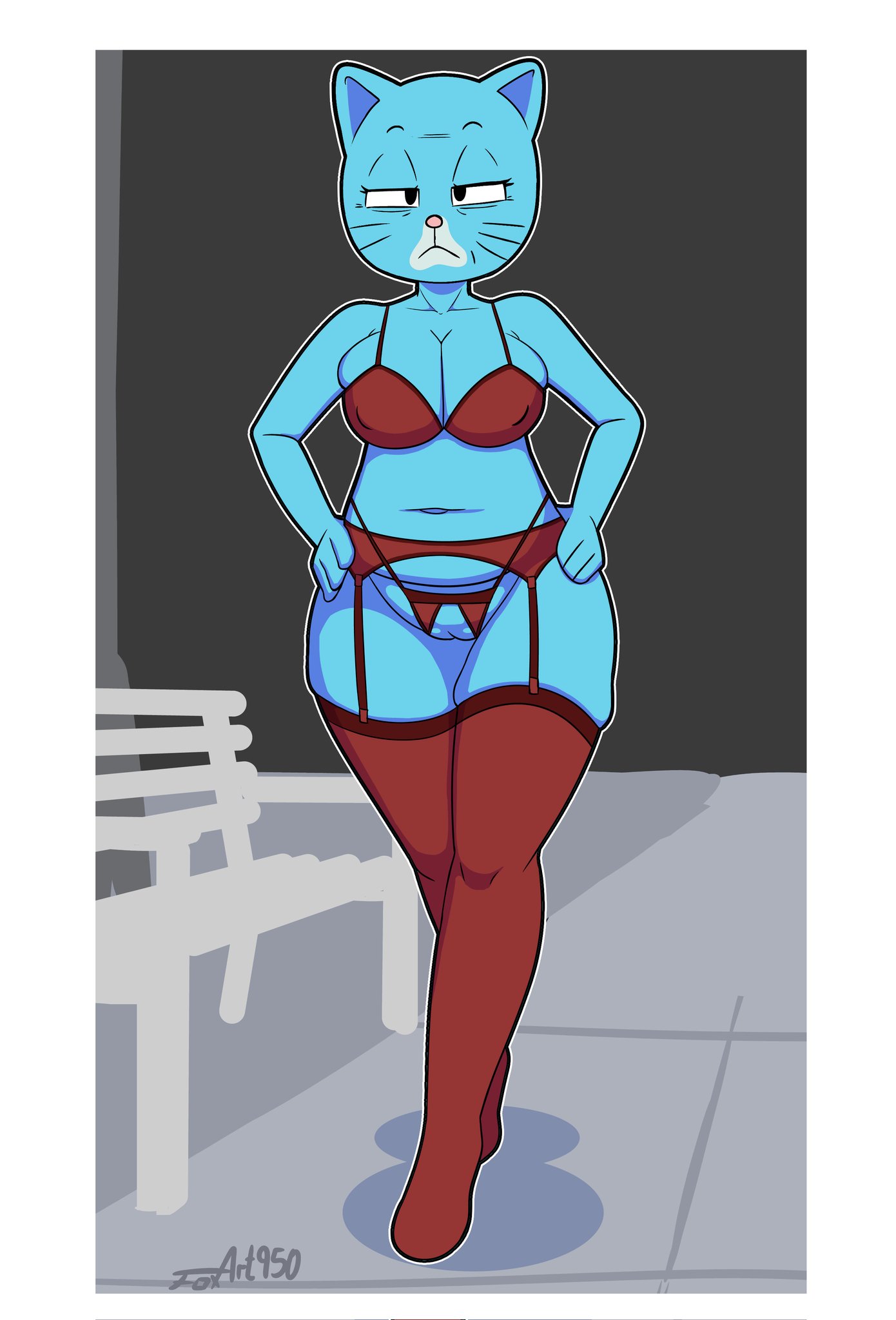 1girls, 2025, 4 fingers, anthro, arms bent, artist name, bare shoulders, bench, big breasts, big eyes, big nipples, biped, black eyebrows, black eyes, black markings, blue body, blue breasts, blue ears, blue fur, border, bra, breasts, bulging breasts, cartoon network, clothed, clothed anthro, clothed female, clothing, collarbone, countershade face, countershade fur, countershading, crotch cutout, curved eyebrows, cutout, digital drawing (artwork), digital media (artwork), domestic cat, elderly, elderly anthro, elderly female, eyebrows, eyelashes, felid, feline, felis, female, female only, fingers, foxart950, full-length portrait, fur, garter belt, garter straps, genitals, gilf, granny, half-closed eyes, hands on hips, hands on own hips, hi res, humanoid hands, innie pussy, innie vulva, iris, legwear, light body, light fur, lingerie, looking at viewer, mammal, markings, mary senicourt, mature, mature anthro, mature female, mature woman, mouth closed, narrowed eyes, navel, nipple outline, nipples, no pupils, old, old woman, outline, outside, pink nose, plantigrade, pointy ears, portrait, prick ears, pussy, red bra, red clothing, red legwear, red lingerie, red stockings, red underwear, resting bitch face, shadow, sketch, sketch background, solo, solo female, stockings, text, the amazing world of gumball, thick thighs, thin eyebrows, three-quarter view, underwear, vulva, walking, whisker markings, white body, white border, white countershading, white fur, white outline, white sclera