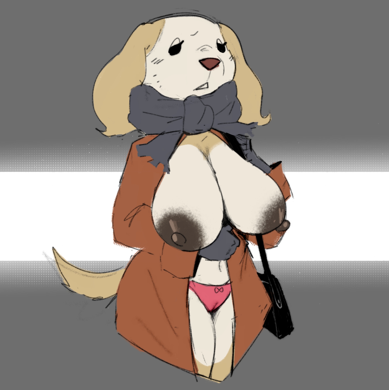 aggressive retsuko, aggretsuko, anthro, anthro only, big breasts, big nipples, breasts, breasts out, coat, estebon89, female, female only, flashing breasts, handbag, inui (aggressive retsuko), mostly nude, panties, sanrio, scarf, wet panties