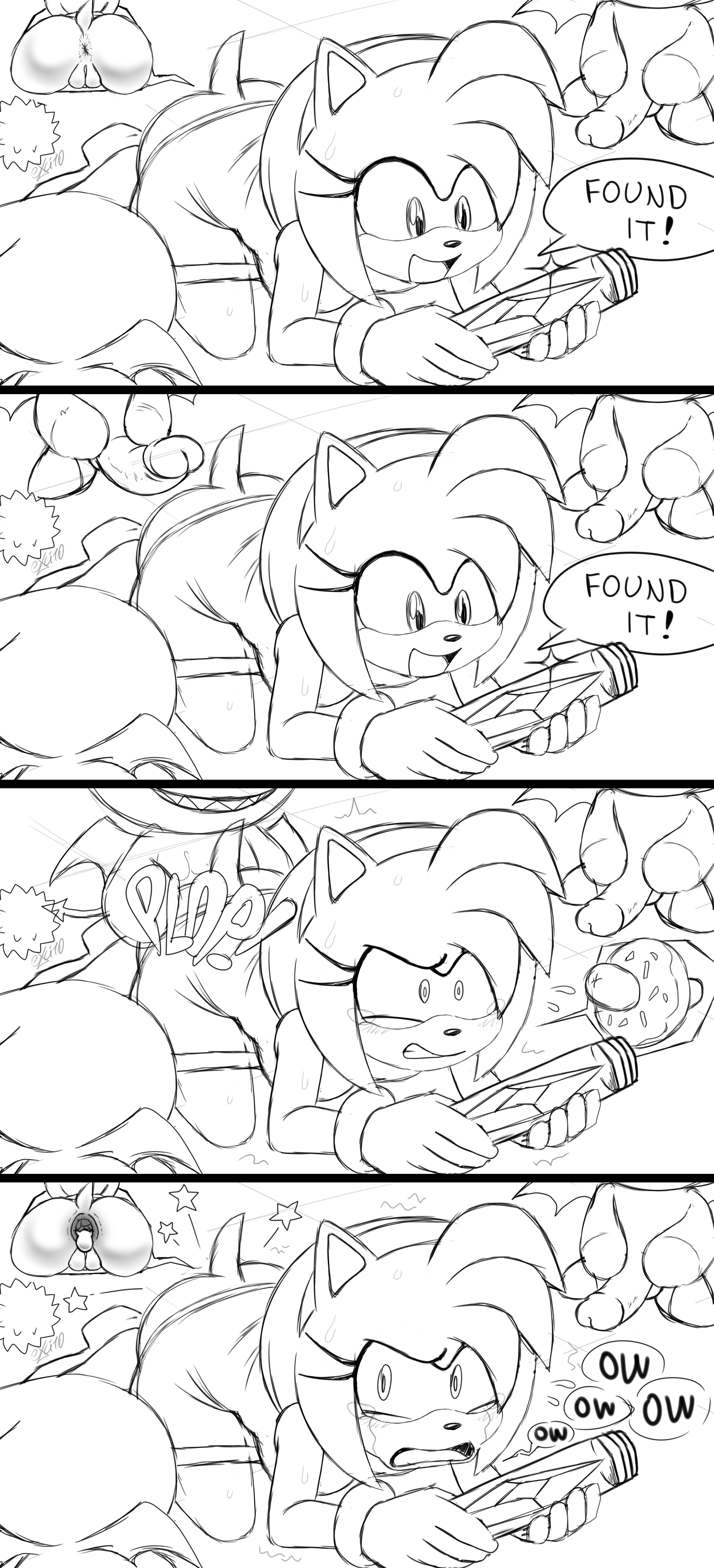 2024, after anal, all fours, amy rose, anal, anus, chao (sonic), chaos drive, comic, cum in ass, cum inside, excito, female, monochrome, pain, painal, pussy, sketch, sonic (series), surprise buttsex, surprised, surprised expression