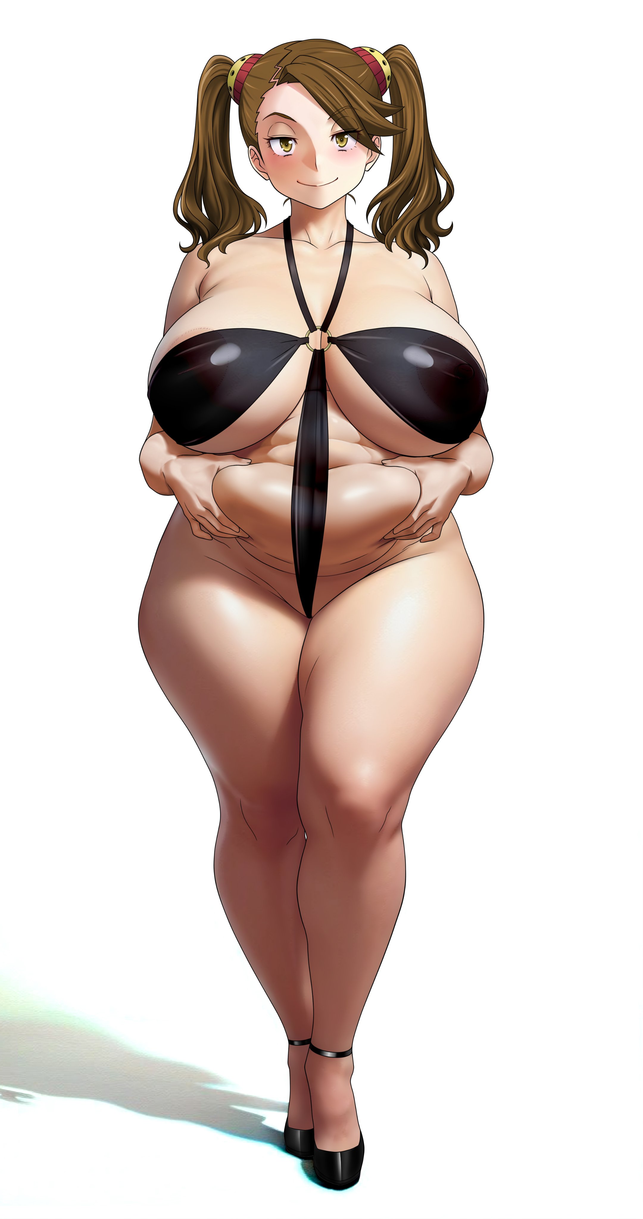 1girls, 2d, 2d (artwork), alternate version available, belly, belly button, big breasts, bikini, bikini bottom, bikini top, blush, blushing at viewer, breasts, breasts bigger than head, brown eyes, brown hair, brown-haired female, chubby, chubby female, cleavage, closed mouth, digital drawing (artwork), digital media (artwork), female, female focus, female only, gundam, gundam build fighters, gundam build fighters try, half-closed eyes, hi res, highres, huge breasts, large breasts, navel, sazaki kaoruko, shoumaru (gadget box), smile, solo, solo female, solo focus, standing, syow-maru, white background, wide hips