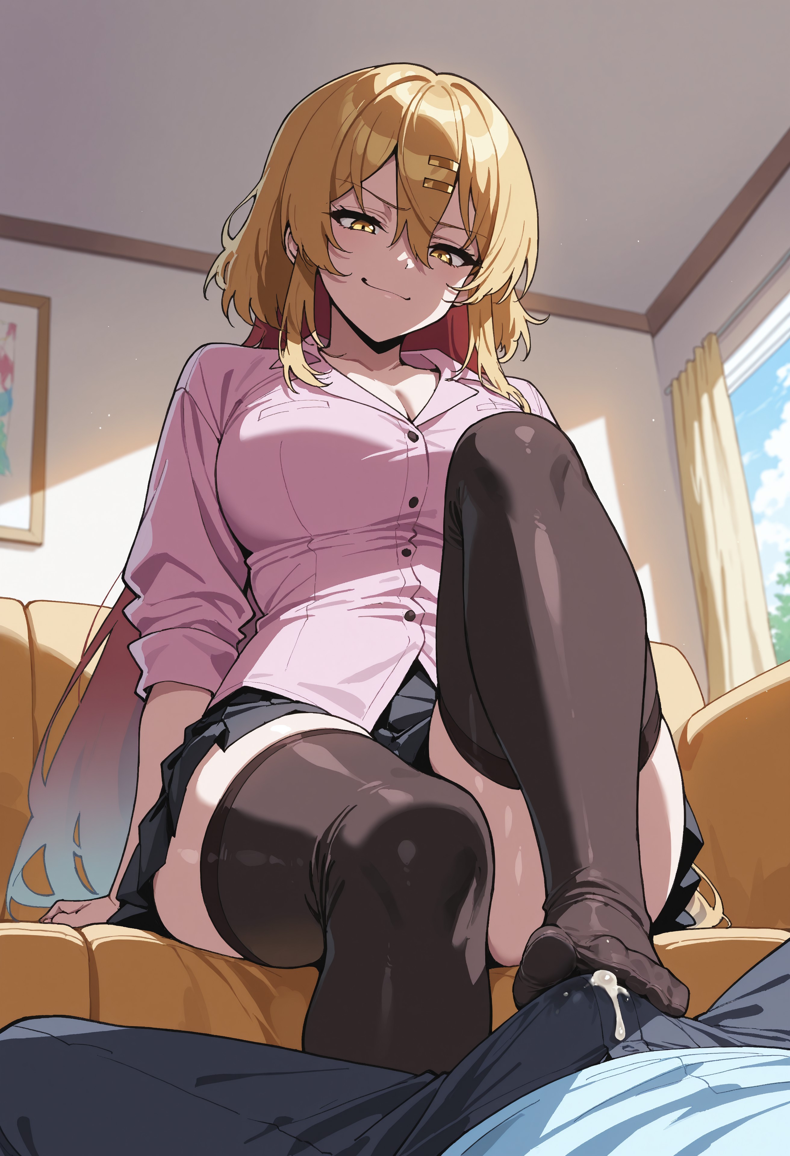 1boy, 1boy1girl, 1girls, ai generated, black legwear, clothed male, cum, cum in clothes, cum on clothes, cum through clothes, dominant female, elkazama yumi, erection, erection under clothes, female, femdom, foot fetish, footjob, footjob over clothes, footjob with legwear, from below, fully clothed, fully clothed female, hair ornament, hairclip, katagiri nanase, legwear, living room, male, male/female, malesub, on sofa, outercourse, penis, sitting, smile, smug, sockjob, stepped on, stepping on penis, straight, submissive male, thighhighs, woman