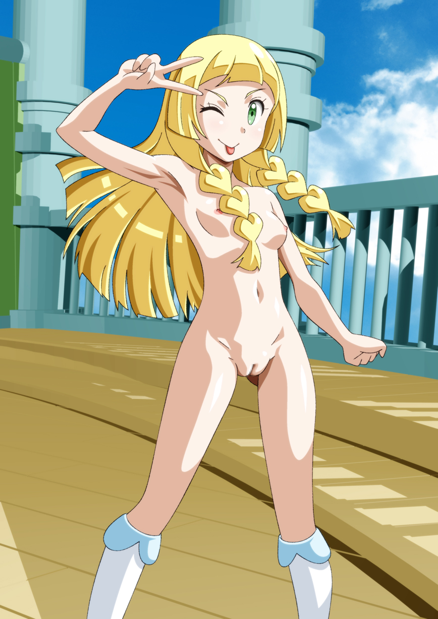 1girls arm_up armpits ass ass_visible_through_thighs blonde_hair braid breasts carinae censored censored_pussy cleft_of_venus closed_mouth fat_mons female green_eyes innie_pussy kneehighs light-skinned_female light_skin lillie_(pokemon) long_hair long_legs looking_at_viewer mosaic_censoring mound_of_venus navel nintendo nipples nude one_eye_closed outdoors peace_sign plump_ass plump_camel_toe plump_labia pokemon pokemon_sm puffy_pussy pussy slender_legs small_breasts smile solo standing thighs tied_hair tongue tongue_out twin_braids white_legwear wink