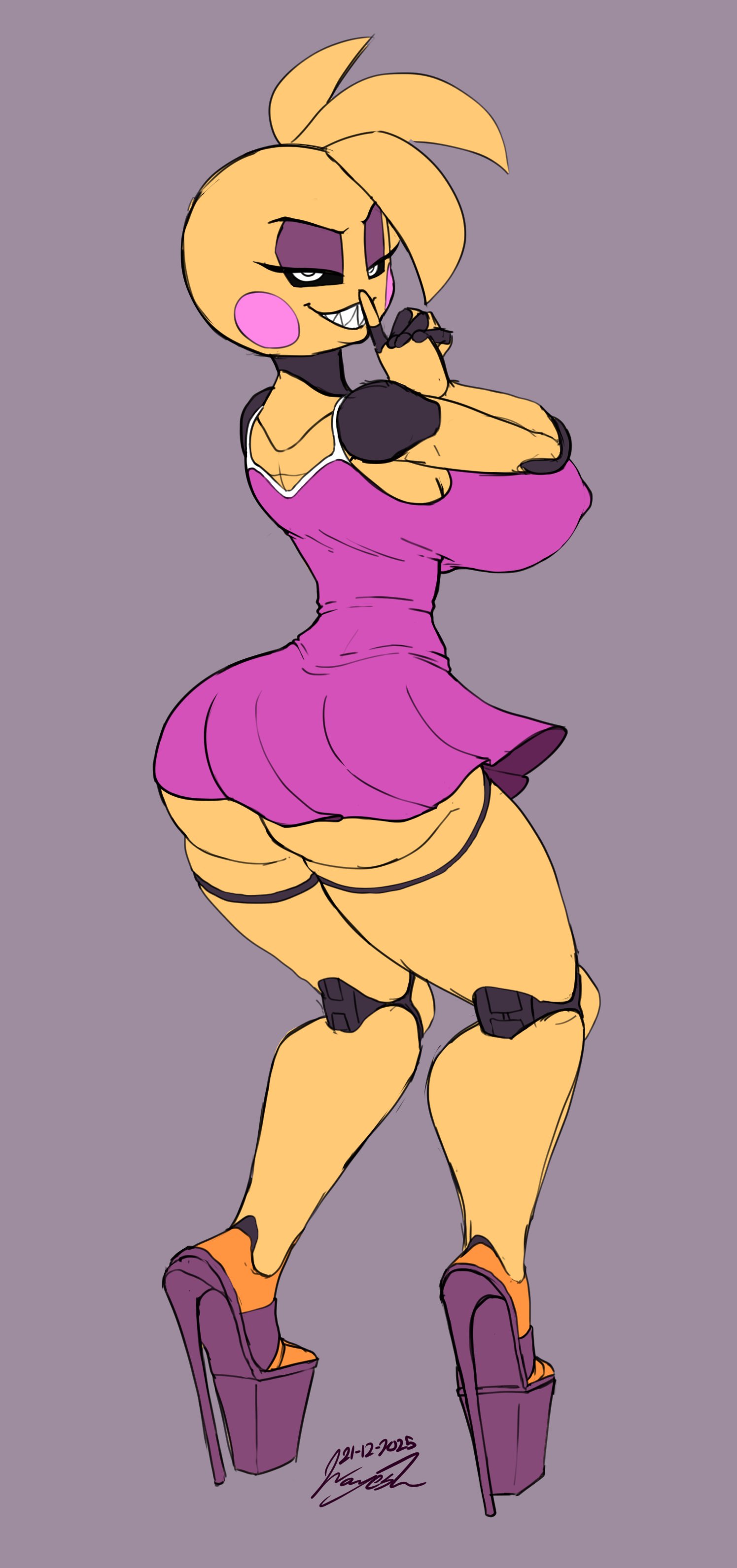 1girls, alternate version available, animatronic, anthro, big breasts, black sclera, breasts, clothing, dress, eyeshadow, female, female only, five nights at freddy's, five nights at freddy's 2, footwear, full body, half-closed eyes, heels, high heels, huge breasts, looking back, pink dress, platform heels, purple eyeshadow, robot, robot girl, seductive, seductive look, sharp teeth, short dress, solo, solo female, thighs, toy chica (fnaf), wayesh, yellow body, yellow skin