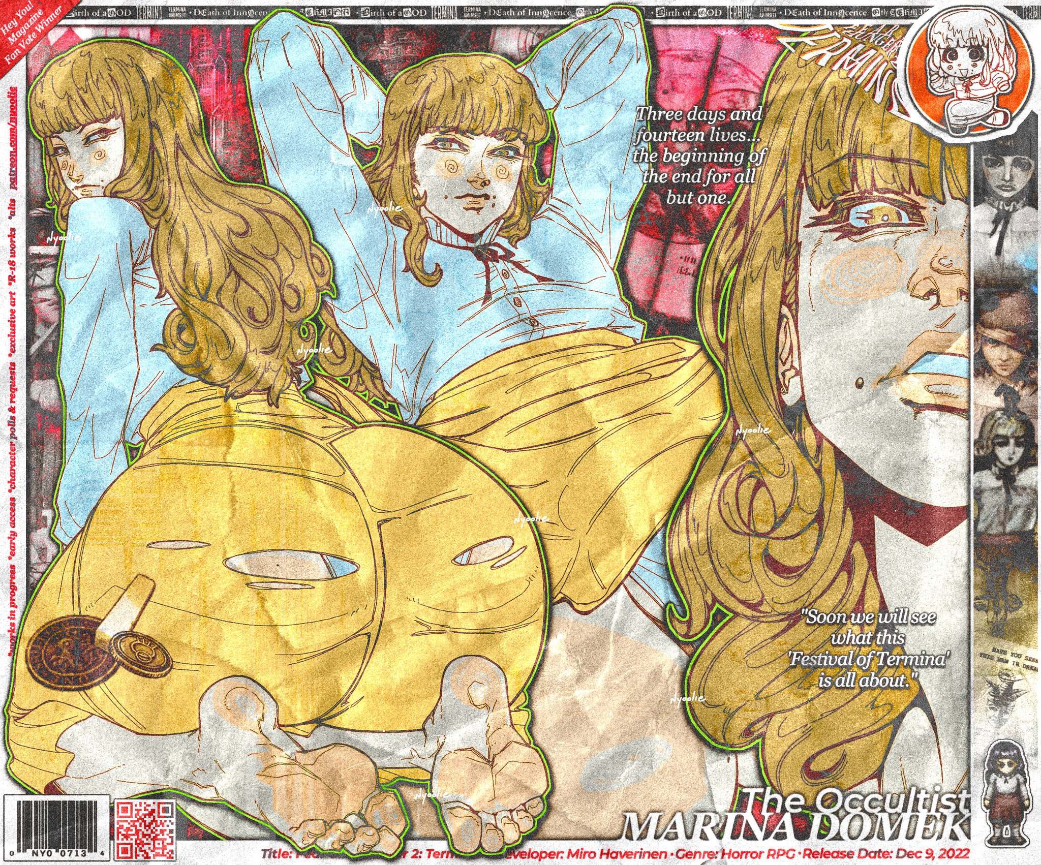 1girls, 2025, arms up, artist name, ass, back view, bangs, barefoot, big ass, blonde hair, blouse, blunt bangs, bottom heavy, breasts, calves, character name, cheek piercing, clothed, clothed female, clothing, english text, facial piercing, fear and hunger, fear and hunger: termina, feet, female, front view, fully clothed, hair, hands behind head, hi res, human, kneeling, large ass, legs together, light skin, light-skinned female, long hair, looking at viewer, looking back, marina (fear and hunger), nyoolie, panties, pantyshot, piercing, ripped clothing, ripped skirt, signature, sitting, skirt, small breasts, soles, solo, teeth, text, thick thighs, thighs, toes, torn clothes, torn clothing, torn skirt, upskirt, wide hips