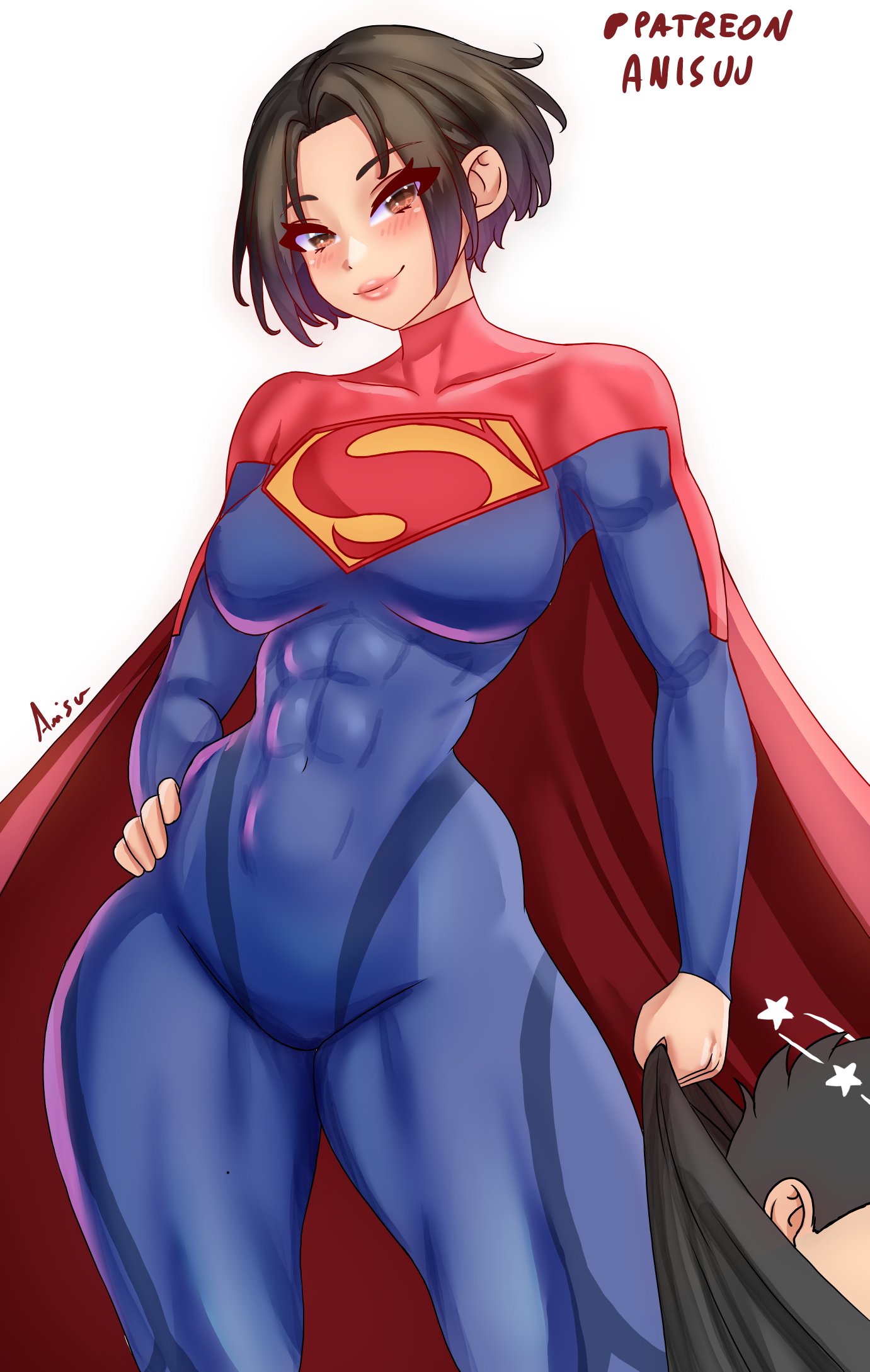 1girls, 1other, abs, ambiguous gender, anisdrawn, big breasts, black hair, breasts, brown eyes, cape, dc, dc comics, dc extended universe, dceu, female, female focus, kryptonian, large breasts, light skin, light-skinned female, looking at viewer, short hair, smile, supergirl, supergirl (sasha calle), superheroine, superman (series), the flash (2023), the flash (series), thick thighs, thighs, tight clothing, white background, wide hips