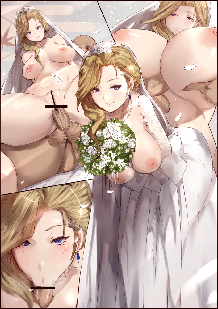 1boy :>= agovitch anal asymmetrical_bangs azur_lane bangs bar_censor between_breasts blonde_hair blue_eyes border bouquet breast_grab breasts breasts_apart breasts_out bridal_veil censored closed_mouth commentary_request cowgirl_position deep_skin dress earrings erection fellatio female flower grabbing hood_(azur_lane) jewelry large_breasts leaf leaning_forward long_hair looking_at_viewer maple_leaf multiple_views navel necklace nipples nude oral paizuri pearl_necklace penis petals puffy_nipples pussy sex smile spread_legs straddling straight testicles veil wedding_dress