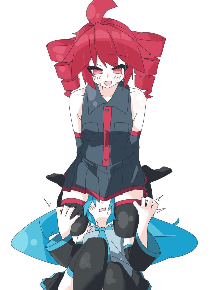 2girls, ahoge, aqua hair, aqua necktie, bare shoulders, black shirt, black skirt, black sleeves, black thighhighs, blue hair, detached sleeves, drill hair, facesitting, female, female only, grey shirt, hatsune miku, kasane teto, lap pillow, long hair, looking at another, lying, miniskirt, multiple girls, necktie, open mouth, pleated skirt, red eyes, red hair, seiza, shirt, simple background, sitting, skirt, sleeveless, sleeveless shirt, smile, sweat, t2e1o1 (artist), thighhighs, twin drills, twintails, utau, v-shaped eyebrows, very long hair, vocaloid, white background, yuri, zettai ryouiki