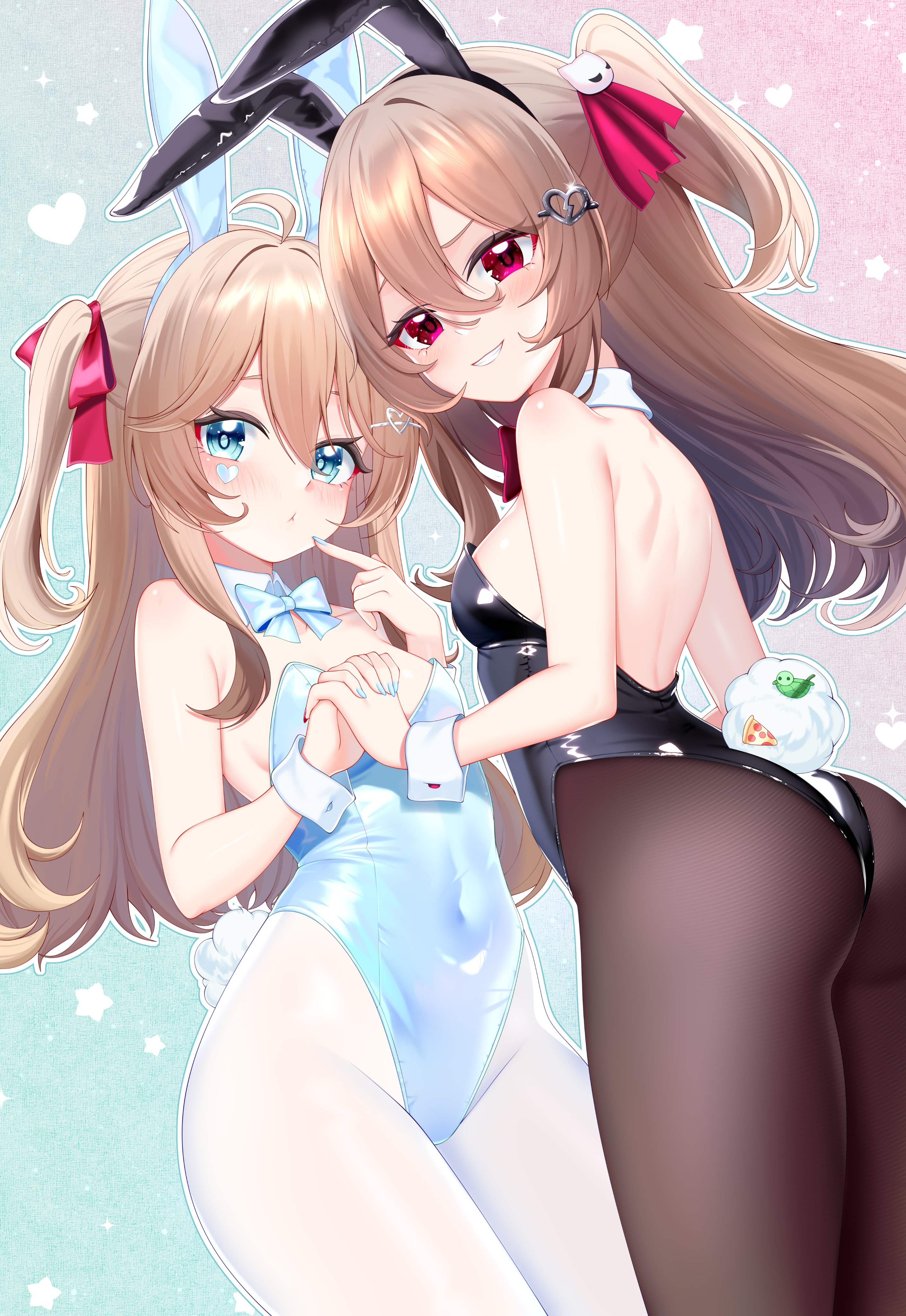 2020s, 2025, 2girls, absurd res, ahoge, animal ears, ass, back, backless leotard, bare back, black leotard, black pantyhose, blue bow, blue eyes, blue leotard, blue nails, blush, bow, bowtie, breasts, brown hair, commentary, commission, covered navel, cowboy shot, detached collar, english commentary, evil neuro, fake animal ears, fake tail, felixkohai, female, hair between eyes, hair ornament, hair ribbon, hairpin, heart, heart sticker, hi res, highleg, highleg leotard, holding hands, indie virtual youtuber, interlocked fingers, leotard, light skin, light-skinned female, long hair, looking at viewer, multiple females, multiple girls, neuro-sama, pantyhose, playboy bunny, rabbit ears, rabbit tail, red bow, red eyes, red ribbon, ribbon, second-party source, shiny clothes, short twintails, shoulder blades, siblings, small breasts, smile, standing, star (symbol), sticker on face, strapless, strapless leotard, tail, twins, twintails, two-tone background, vedal ai, virtual youtuber, white pantyhose, white wrist cuffs, wrist cuffs