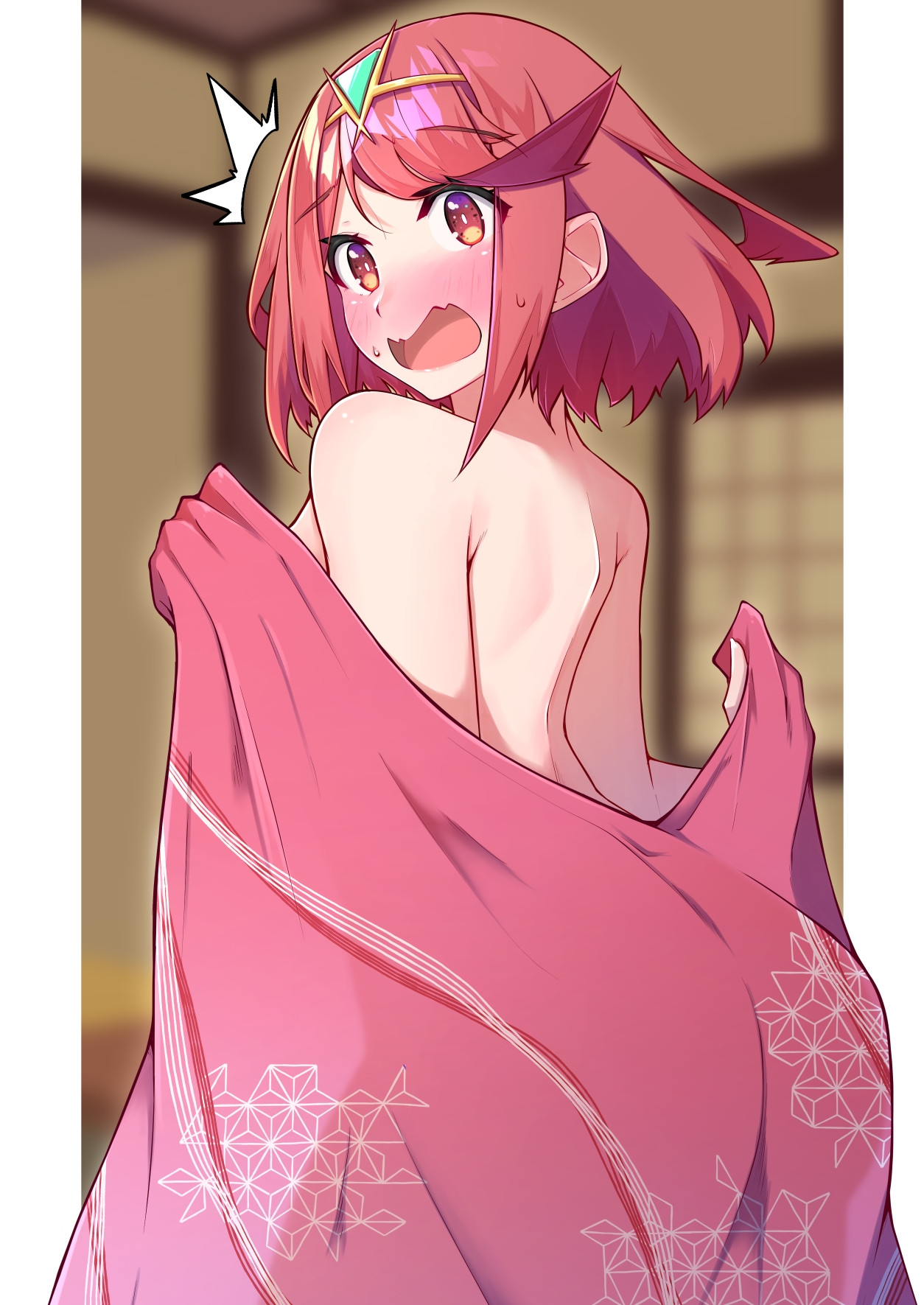 1girls, artist request, ass, ass visible through clothes, back, bare back, breasts, embarrassed, embarrassed nude female, enf, female, kimono, monolith soft, nintendo, no bra, pyra, red eyes, red hair, removing clothing, short hair, sideboob, silhouette, solo, tagme, tiara, topless, undressing, xenoblade chronicles 2