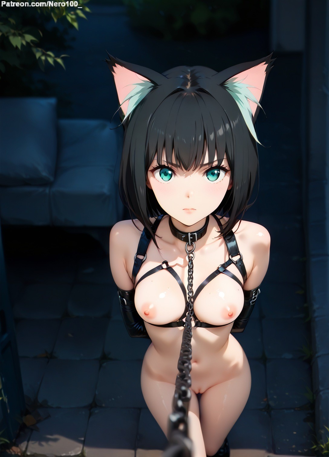 1girls, 2d, ai generated, ass, athletic, athletic female, bare shoulders, belly, black hair, bondage, bondage outfit, breasts, cat ears, cat girl, cat tail, chest, choker, curvy, curvy figure, cute, cute face, detailed, exposed breasts, eyelashes, eyeshadow, female, female only, fit, fit female, focus, green eyes, harness, high quality, hips, isekai shikkaku, leash, legs, light skin, light-skinned female, lips, lipstick, looking at viewer, makeup, mascara, matilda (isekai shikkaku), medium breats, medium hair, midriff, navel, nipples, on leash, pale skin, pale-skinned female, perky breasts, pet play, petite , petite body, posing, restrained, seductive, seductive look, short hair, skinny, skinny female, slim, stable diffusion, tagme, tama (isekai shikkaku), teenager, thighs, thin waist, tied up