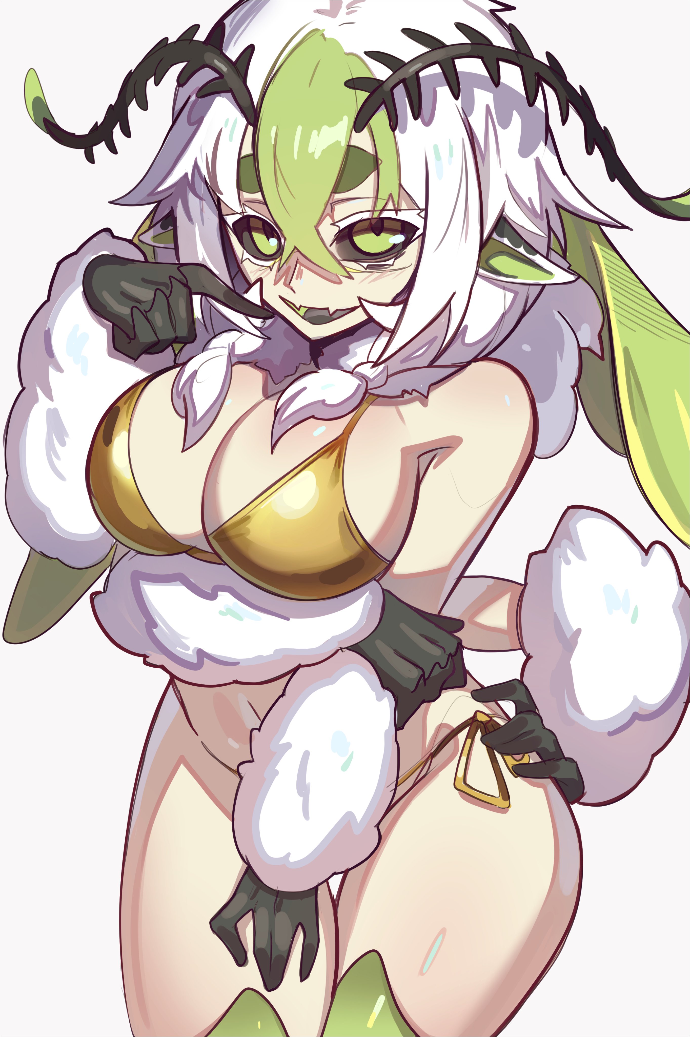 1girl, antennae, arthropod girl, bare shoulders, bikini, black sclera, black tongue, braid, breasts, cleavage, colored sclera, extra arms, fangs, gold bikini, golden bikini, golden week, green eyes, green hair, hair between eyes, hand on own hip, indie virtual youtuber, insect girl, insect humanoid, insect wings, juniper (egocider), juniper actias, large breasts, looking at viewer, medium hair, monster girl, moth, moth antennae, moth girl, moth humanoid, moth wings, multicolored hair, nebura (neburaart), pointy ears, short twintails, skin fangs, streaked hair, swimsuit, thighs, twin braids, twintails, virtual youtuber, white background, white hair, wings