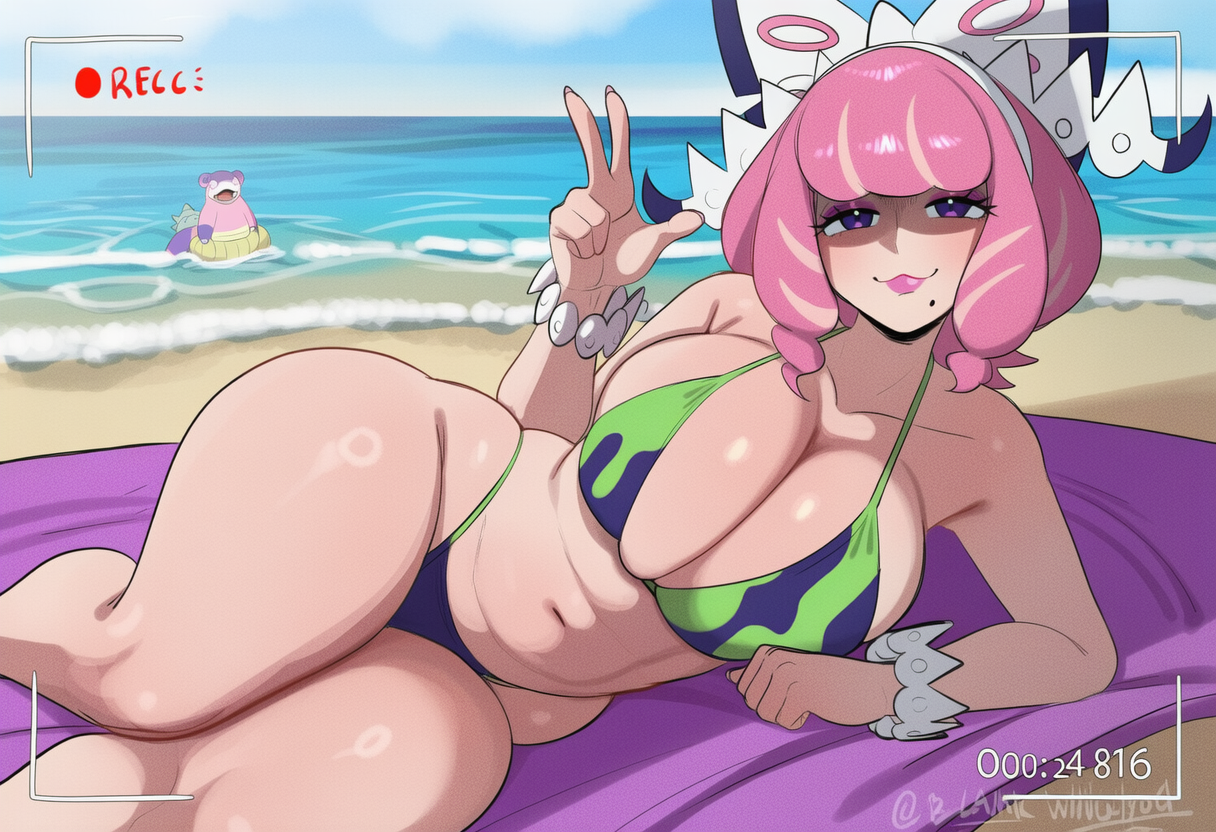 1girls, ai generated, artist name, beach, big breasts, bikini, breasts, cleavage, cloud, creatures (company), day, female, galarian slowbro, game freak, jewelry, klara (pokemon), large breasts, looking at viewer, mole, mole under mouth, navel, nintendo, ocean, on side, outdoors, pink hair, pokemon, pokemon ss, purple eyes, sky, smile, swimsuit, thick thighs, thighs, twin drills, unown18, v