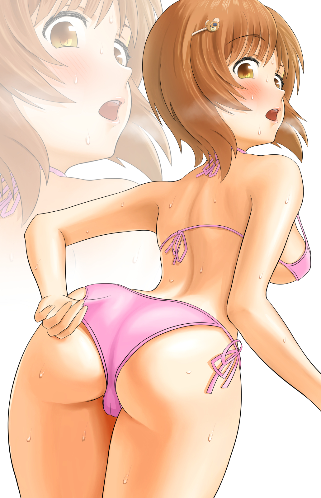ass, bikini, blush, breasts, brown eyes, brown hair, cameltoe, female, girls und panzer, looking back, medium breasts, nishizumi miho, open mouth, pink bikini, pussy, sideboob, solo, sweat, swimsuit, yuru melon