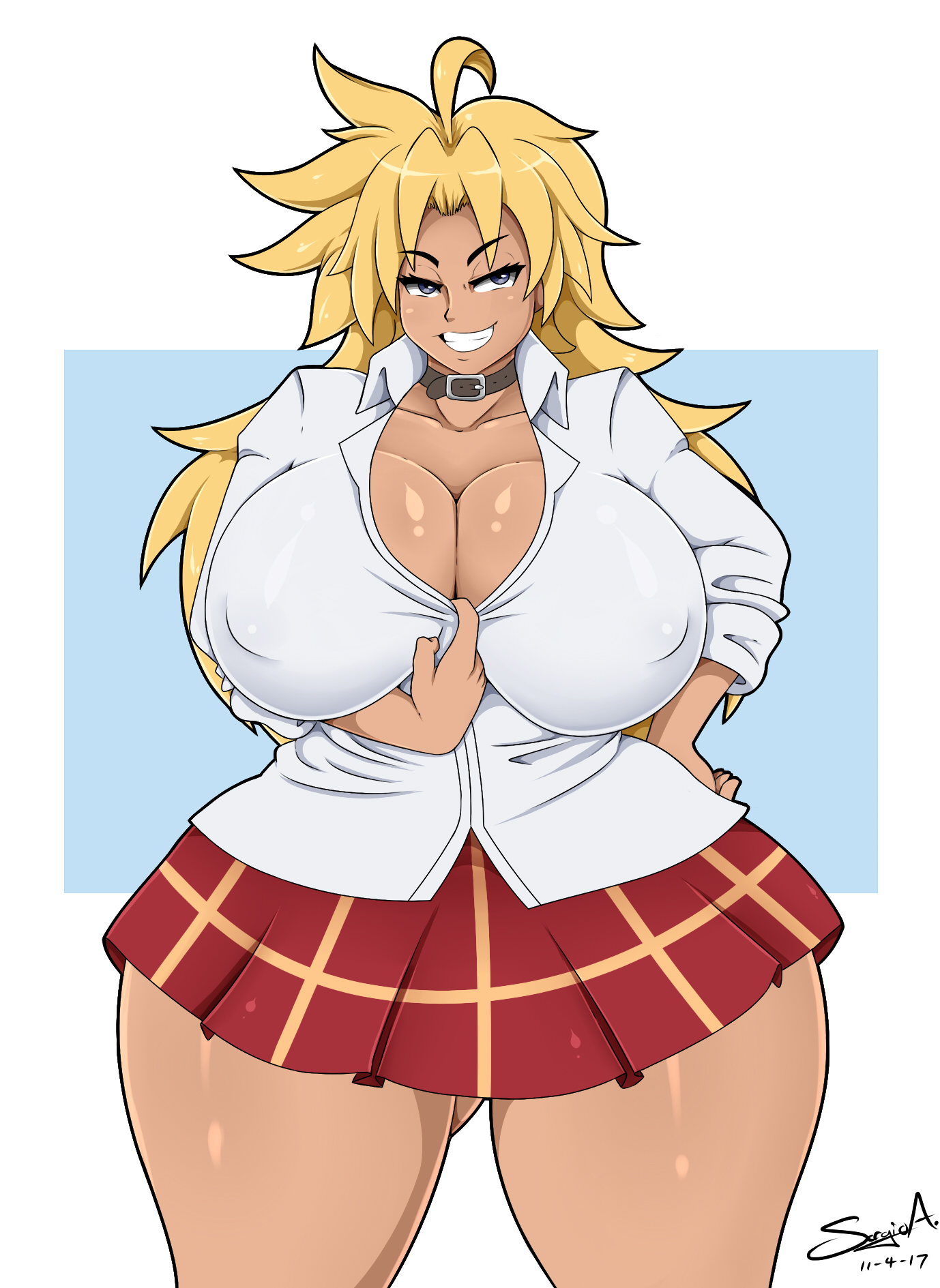 1girls, ass visible through thighs, big breasts, blonde hair, blouse, breasts, choker, cleavage, dark skin, dark-skinned female, energy kyouka!!, female, female only, grey eyes, gyaru, huge breasts, mehdrawings, nipples visible through clothing, outline, school uniform, shiraishi kyouka, simple background, skirt, smug, solo, teenager, thick thighs, thighs, wide hips
