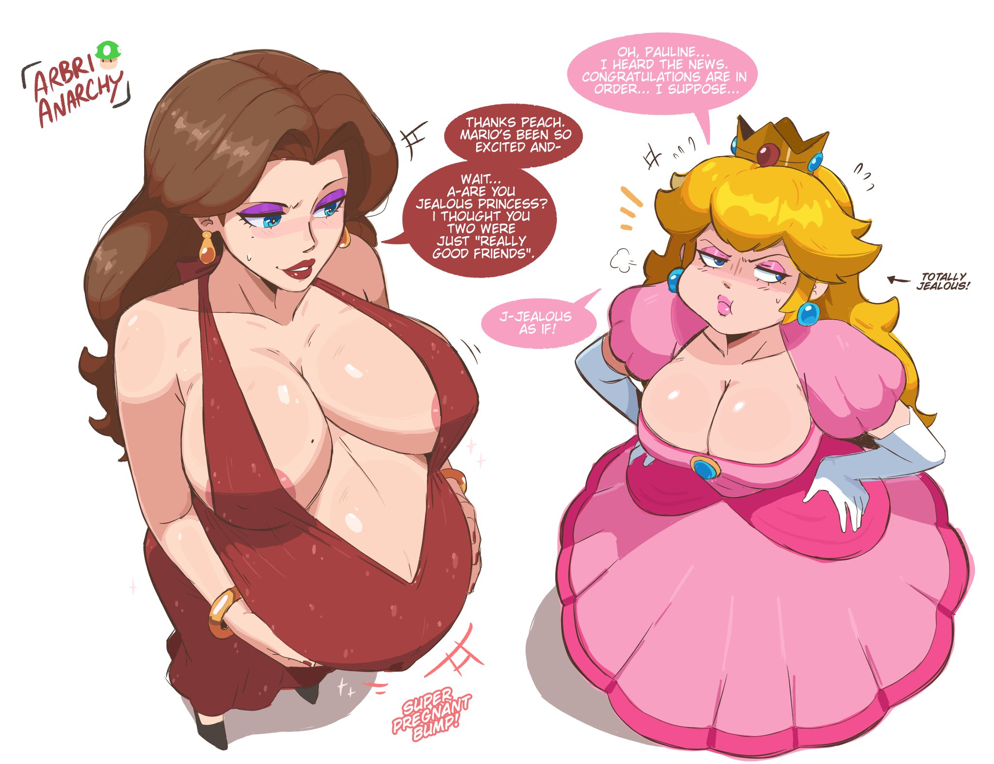1-up mushroom, 2girls, absurdres, arbrianarchy, areola slip, artist name, bare shoulders, blonde hair, blue eyes, blue gemstone, breast envy, breasts, brooch, brown hair, chest jewel, cleavage, collarbone, crown, cuckquean, dress, ear piercing, earrings, elbow gloves, envy, eyelashes, eyeshadow, female, full body, gem, gloves, gold crown, hands on own hips, hands on own stomach, highres, jealous, jewelry, large breasts, long hair, makeup, mario (series), multiple females, multiple girls, nintendo, pauline, pauline (mario), piercing, pink dress, pink eyeshadow, pink lips, plunging neckline, pointed crown, pout, pregnancy envy, pregnant, princess peach, puffy short sleeves, puffy sleeves, purple eyeshadow, red dress, red gemstone, red lips, shadow, short sleeves, sideways glance, speech bubble, sphere earrings, standing, super mario bros., white gloves