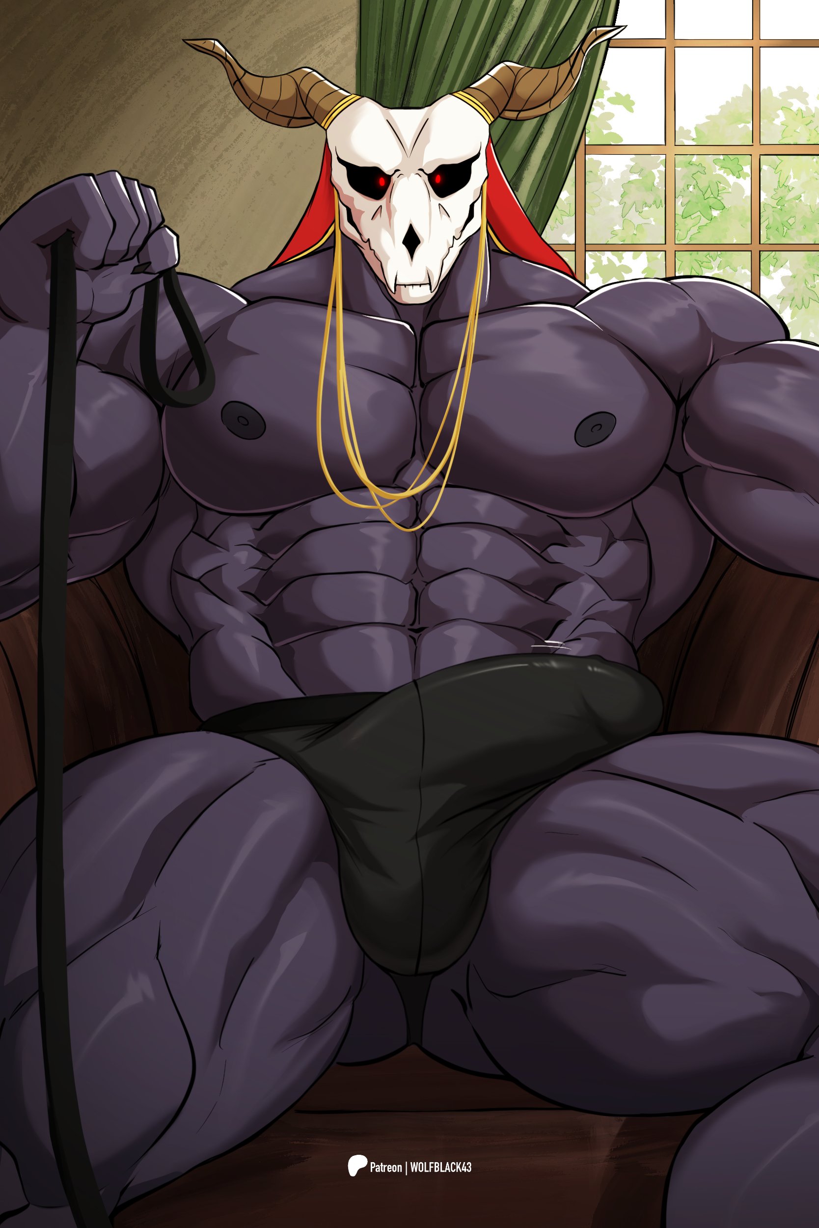 abs, absurd res, anthro, biceps, big muscles, big penis, bone, bulge, clothing, demon, digital media (artwork), elias ainsworth, erection, genitals, hi res, horn, looking at viewer, male, male only, monster, muscles, muscular, muscular anthro, muscular arms, muscular male, muscular thighs, nipples, pecs, penis, serratus, simple background, sitting, skull, skull head, solo, the ancient magus bride, triceps, underwear, vein, wolfblack43