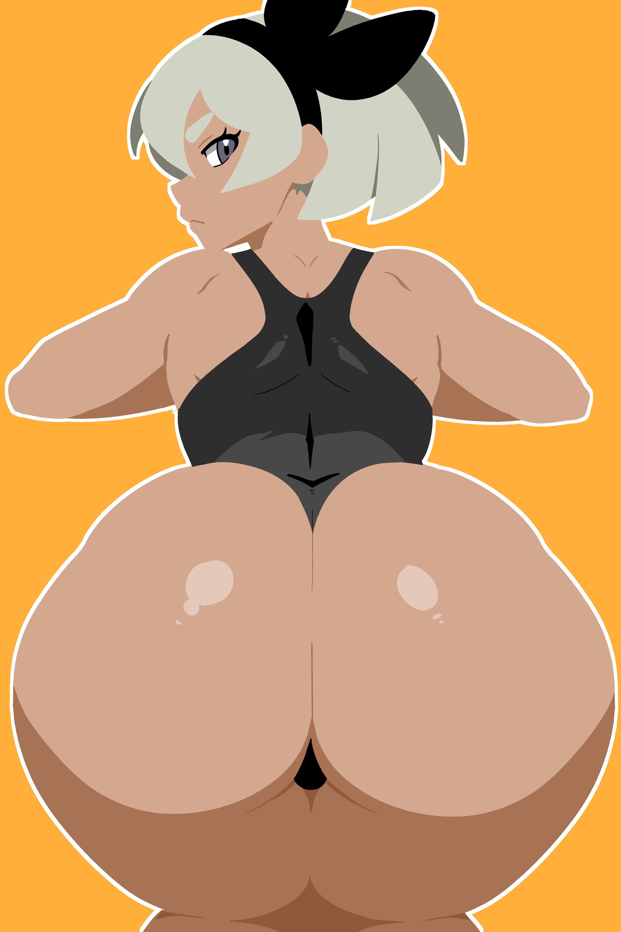 1girls, ass, ass focus, aussy, bea (pokemon), brown skin, dark ass, dark skin, dark-skinned female, female, gray eyes, gray hair, gym leader, hairband, huge ass, leotard, looking at viewer, looking back, nintendo, orange background, pokemon, pokemon ss, short gray hair, short hair, tan body, tan skin