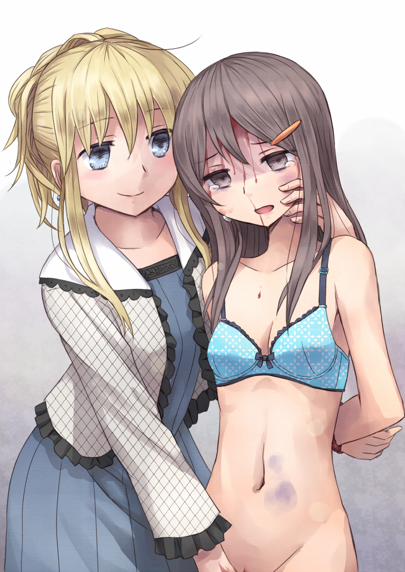 2girls, arms behind back, beaten, blonde hair, blood, blue eyes, bondage, bottomless, bra, breasts, broken rape victim, brown eyes, brown hair, bruise, empty eyes, female, fingering, injury, long hair, molestation, multiple females, multiple girls, nosebleed, original, small breasts, smile, tears, underwear, yuri, yuyuzuki (yume usagi)