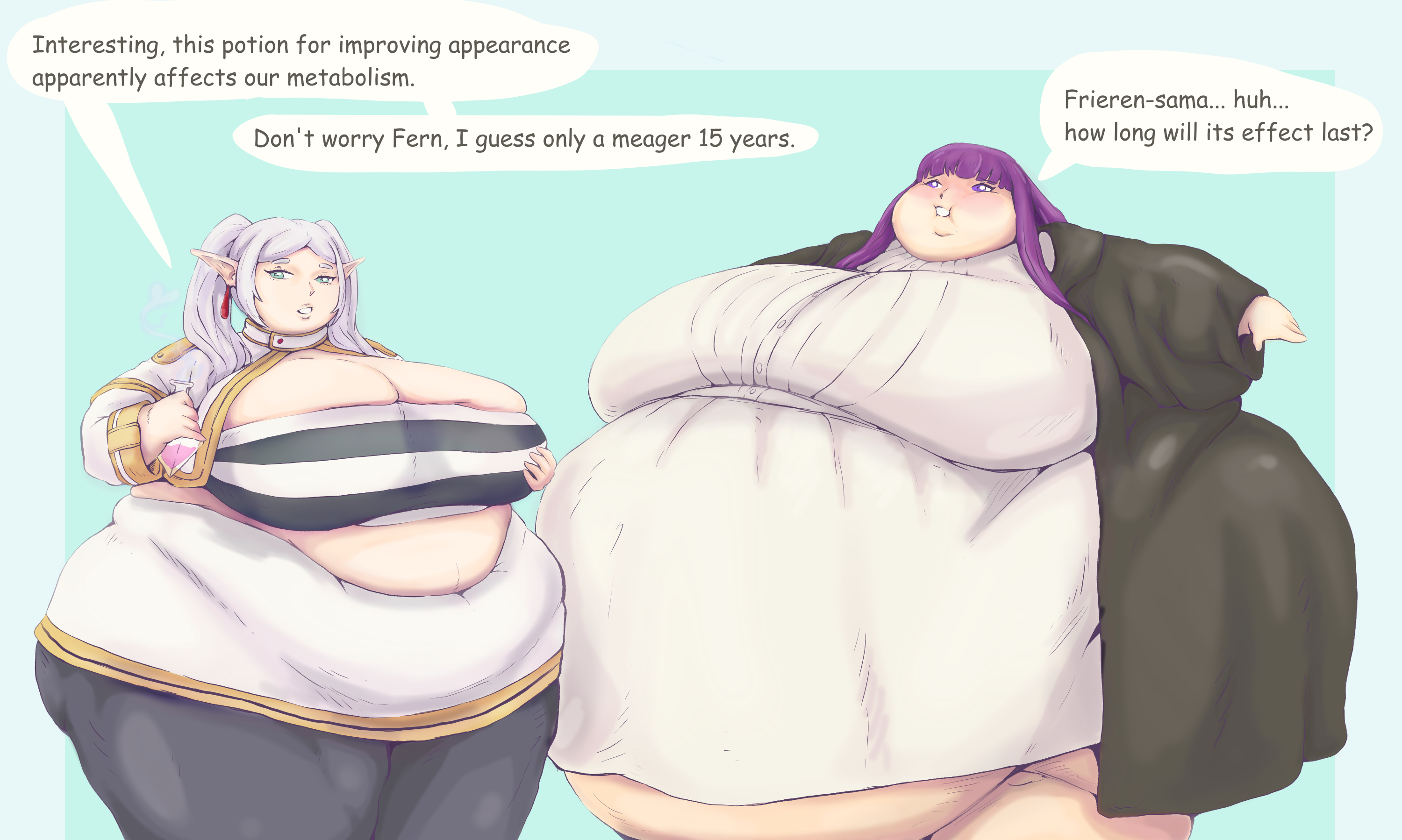 2girls, bbw, elf, elf ears, elf female, elf girl, fat, fat female, fat fetish, female, female only, fern (sousou no frieren), frieren, frieren beyond journey's end, gorgeouswaifudom, multiple females, multiple girls, obese, obese female, overweight female, purple hair, sousou no frieren, ssbbw, weight gain, white hair