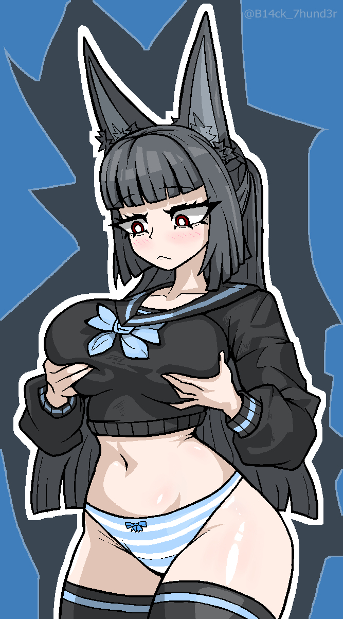 b14ck 7hund3r, female, female only, fox ears, fox girl, hoshimi miyabi, navel, panties, school uniform, stockings, striped panties, zenless zone zero