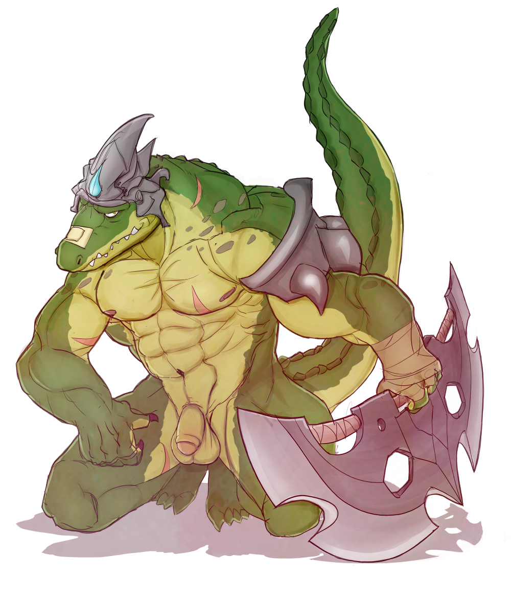 abs anthro armor balls biceps claws crocodile crocodilian cuson fangs flaccid full-length_portrait full_length green_scales kneeling league_of_legends looking_at_viewer male male_only muscular muscular_male nipples nude obliques pecs penis renekton reptile riot_games scales scalie scar solo teeth toe_claws triceps uncut video_games weapon yellow_eyes