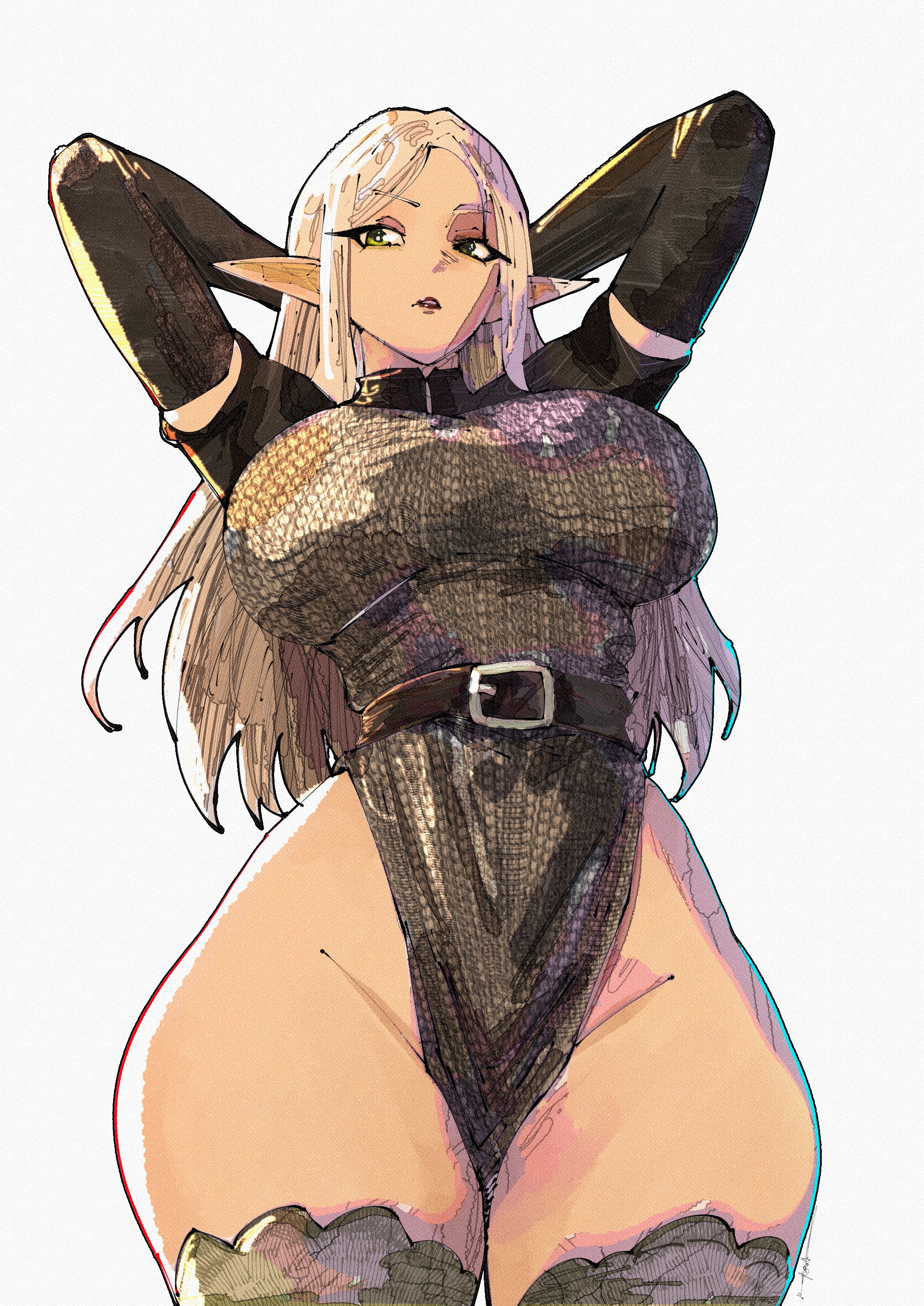 absurdres, armor, arms behind head, belt, belt buckle, black belt, black lips, breasts, buckle, chainmail, commentary, cowboy shot, curvy, detached sleeves, elf, english commentary, facing viewer, female, green eyes, grey leotard, grey thighhighs, groin, highres, large breasts, leotard, lipstick, long hair, long sleeves, looking to the side, makeup, miregeist, original, parted bangs, parted lips, pointy ears, simple background, solo, thick thighs, thighhighs, thighs, white background, white hair