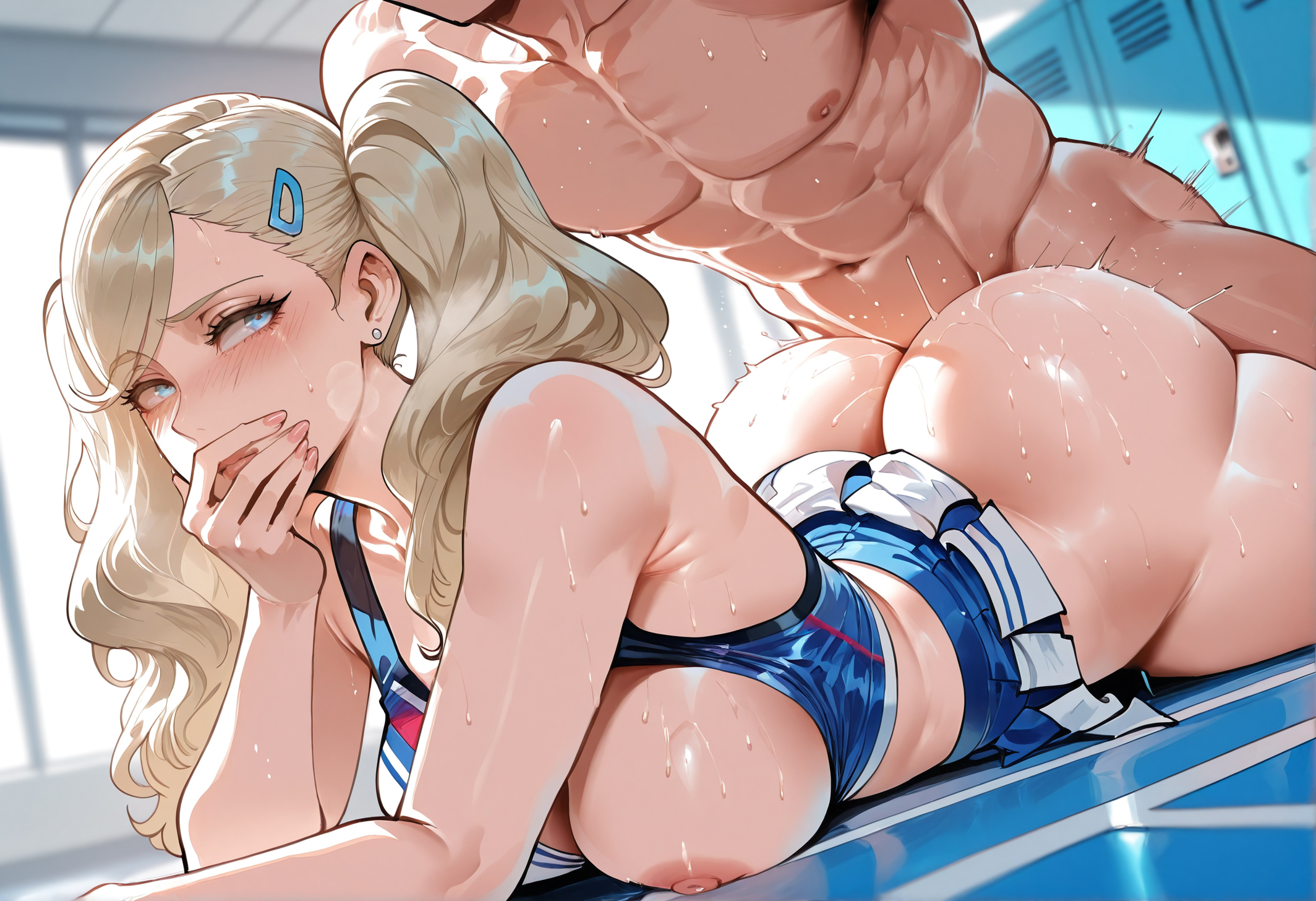 1boy, 1girls, abs, ai generated, ann takamaki, ass, ass ripple, bare shoulders, blonde hair, blue eyes, blush, boy on top, breasts, breasts out, cheerleader, clothed female nude male, clothes lift, clothing, covering own mouth, crop top, curvaceous, curvaceous female, curvaceous figure, curvy, curvy figure, earrings, exhibitionism, female, female focus, hair ornament, hairclip, hand over own mouth, indoors, jewelry, large breasts, locker, locker room, long hair, lying, male, miyuai, muscular, nipples, nude, on stomach, one breast out, persona, persona 5, pleated skirt, prone bone, sex, sex from behind, skirt, skirt lift, solo focus, sports bra, straight, stud earrings, sweat, taken from behind, thick thighs, thighs, twintails, two-tone sports bra, voluptuous, voluptuous female