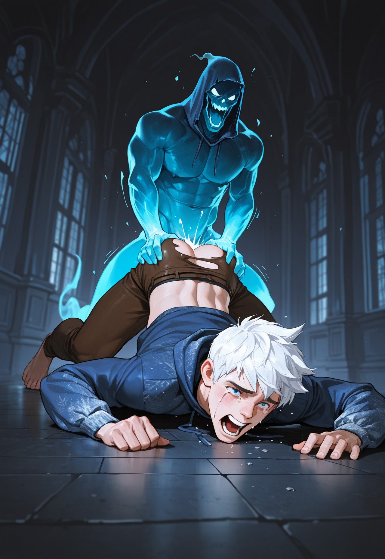 ai generated, blue eyes, blue lighting, brutal, brutal rape, gay, gay anal, gay domination, ghost, haunted house, horror, indoors, jack frost, jack frost (rise of the guardians), l, male, male rape victim, pale-skinned male, partially clothed, raped, raped by ghost, raped by monster, rise of the guardians, screaming, spooky, tears, torn clothes, white hair