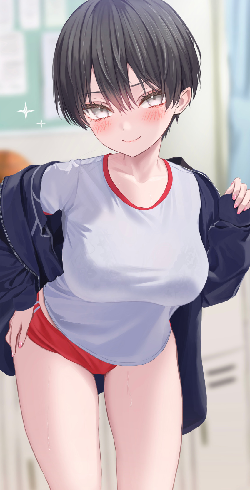 absurdres, artist request, bare legs, black bra, black hair, black jacket, blush, bra, bra visible through clothes, breasts, buruma, closed mouth, collarbone, commentary request, female, grey eyes, gym uniform, hair between eyes, highres, indoors, jacket, large breasts, locker, long sleeves, looking at viewer, nonude, norio (noriosub), original, red buruma, see-through clothes, sfw, shirt, short hair, smile, solo, standing, sweat, tagme, thighs, tomboy, underwear, very short hair, wet, wet clothes, wet shirt, white shirt