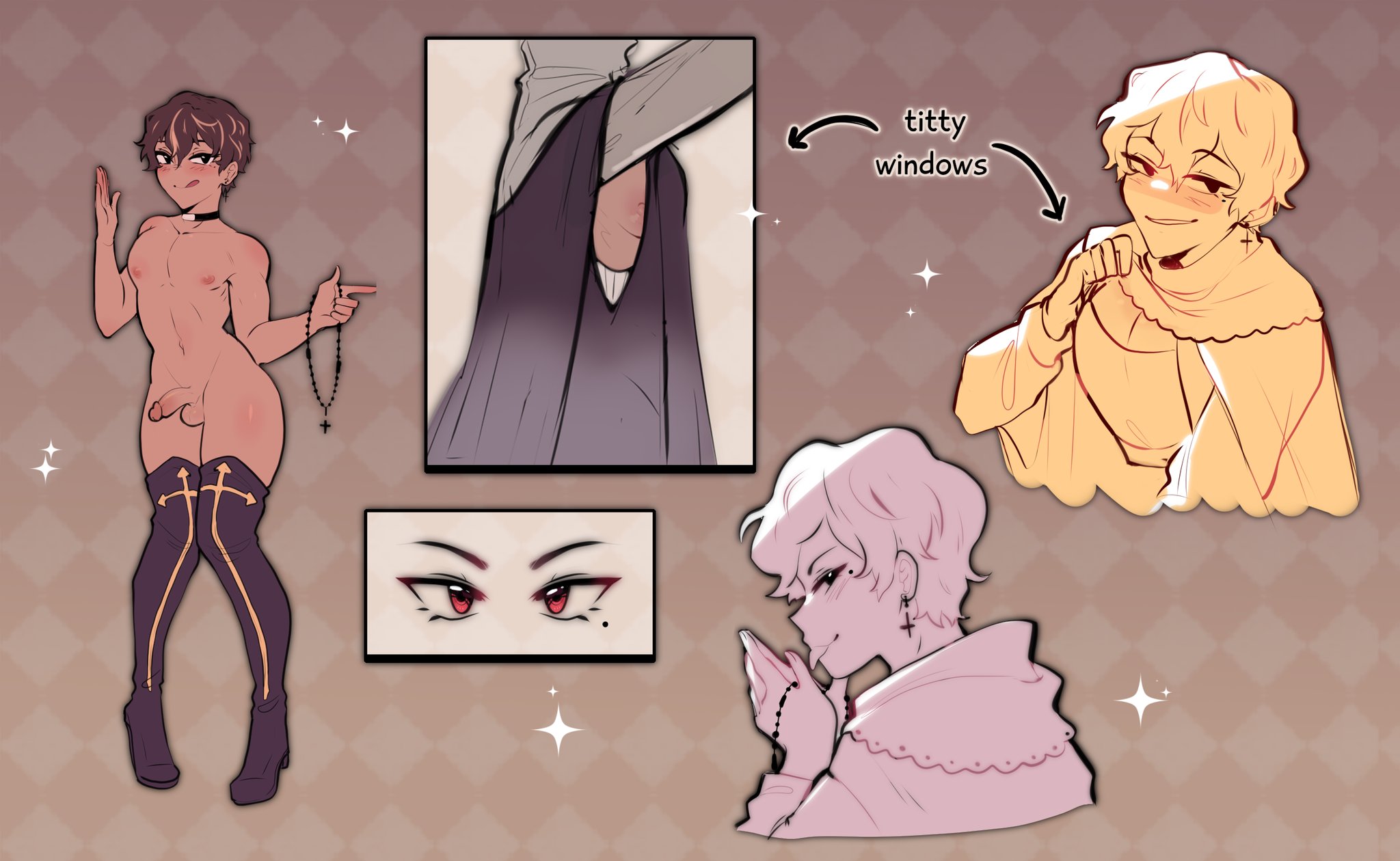 boob window, breasts, brown skin, bulge, cute, femboy, gay, gay male, male, male only, nude, nun outfit, original character, peaking, reference image, reference sheet, skaroy, smug face, thighs, yaoi