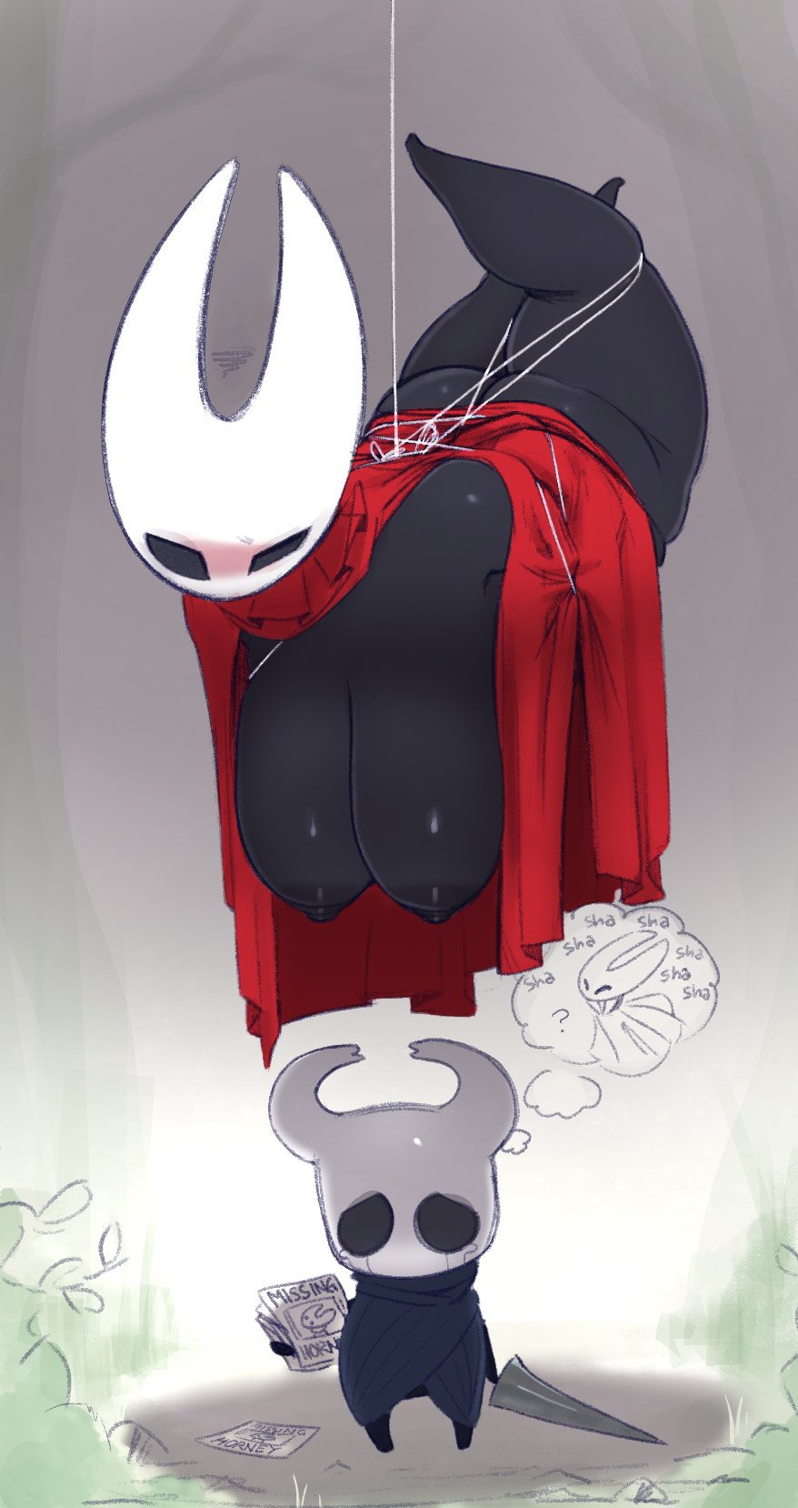 ?, 1boy, 1girls, annoyed, arms behind back, ass, big breasts, black body, black skin, breasts, clothing, dark skin, dark-skinned female, edit, edited, english text, female, hanging, hollow knight, hood, hornet (hollow knight), looking down, male, mask, missing poster, nipples, outerwear, protagonist (hollow knight), restrained, sagging breasts, string, tears, text, the knight (hollow knight), thick thighs, thought bubble, tied up, unyin, vessel (species), weapon