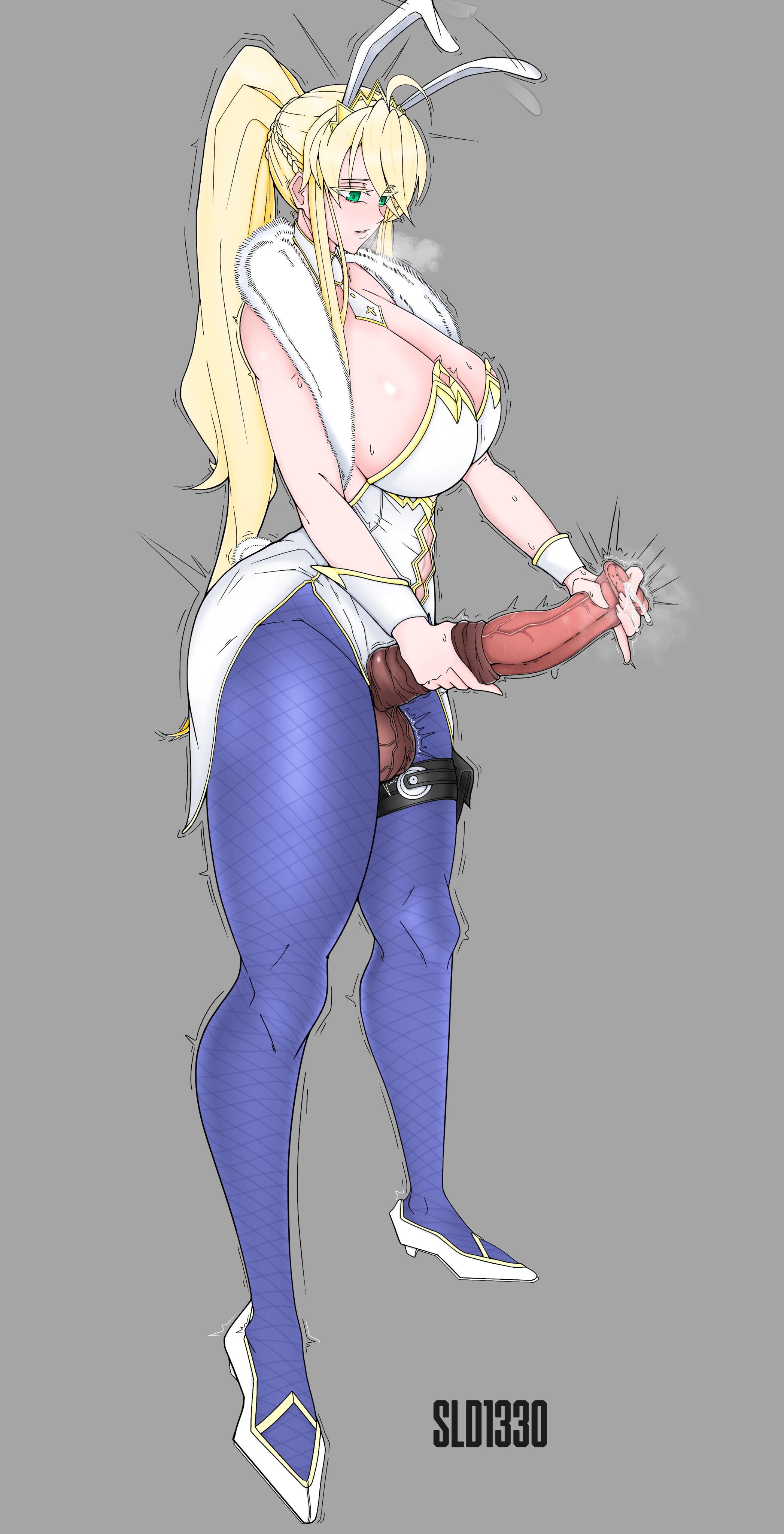 1futa, artoria pendragon (swimsuit ruler), breasts, clothed, clothing, fake animal ears, fate (series), fate/grand order, flat colors, futa only, futanari, horsecock, huge cock, intersex, light-skinned futa, masturbation, mostly clothed, penis, sld1330, solo, standing