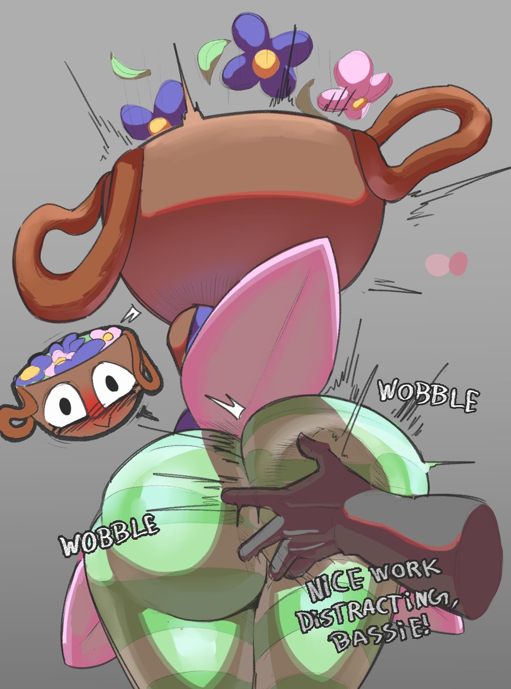 action lines, anon, ass focus, ass slap, ass slapping, ass squish, bassie (dandy's world), big ass, big butt, blush, butt focus, butt slap, dandy's world, female, flowers, flowers on head, human on toon, monkiebrained, praise, praising, punishedtooner, tagme, toonophilia, toons x humans